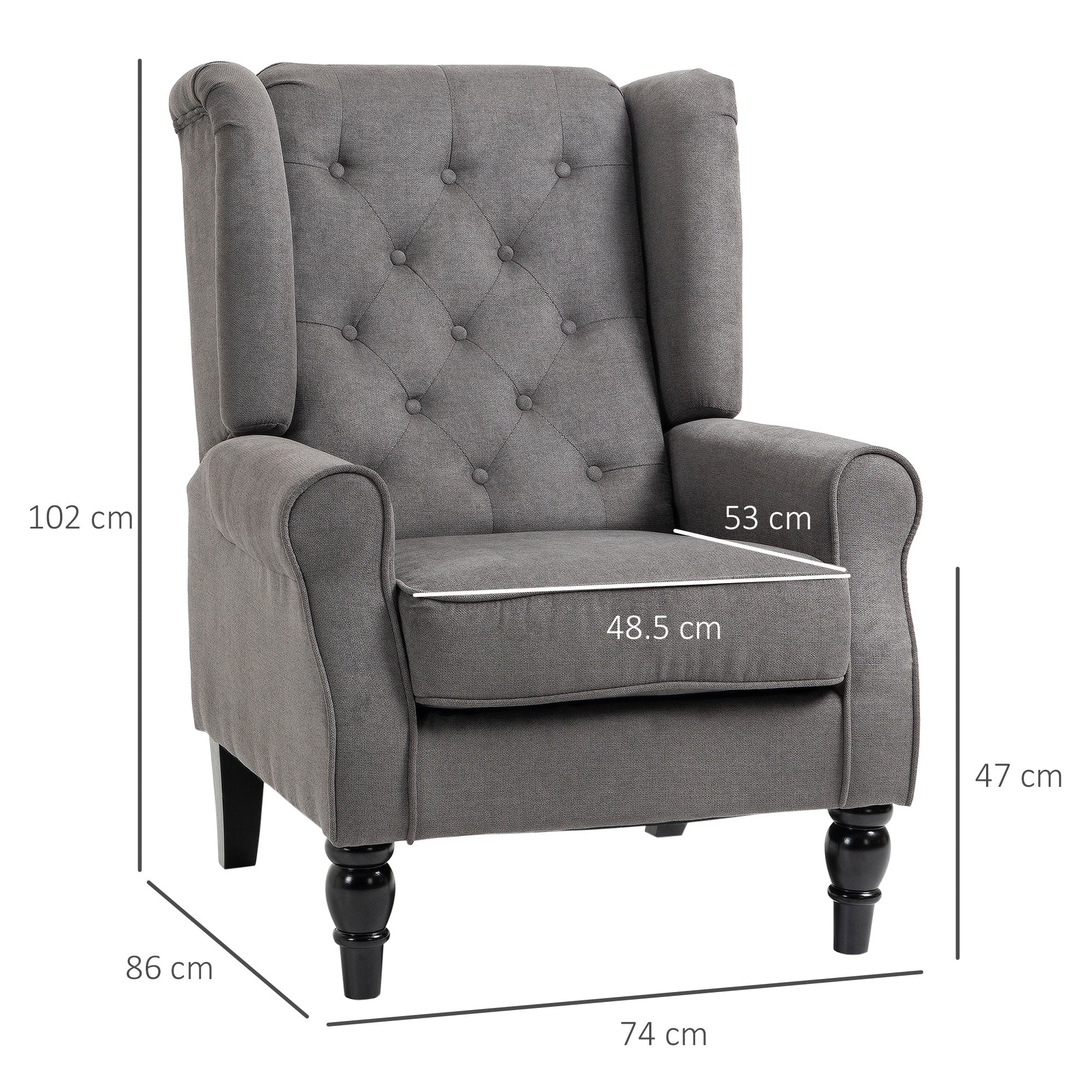 HOMCOM Retro Accent Chair, Wingback Armchair with Wood Frame Button Tufted Design for Living Room Bedroom, Dark Grey - North Peak Garden Furniture