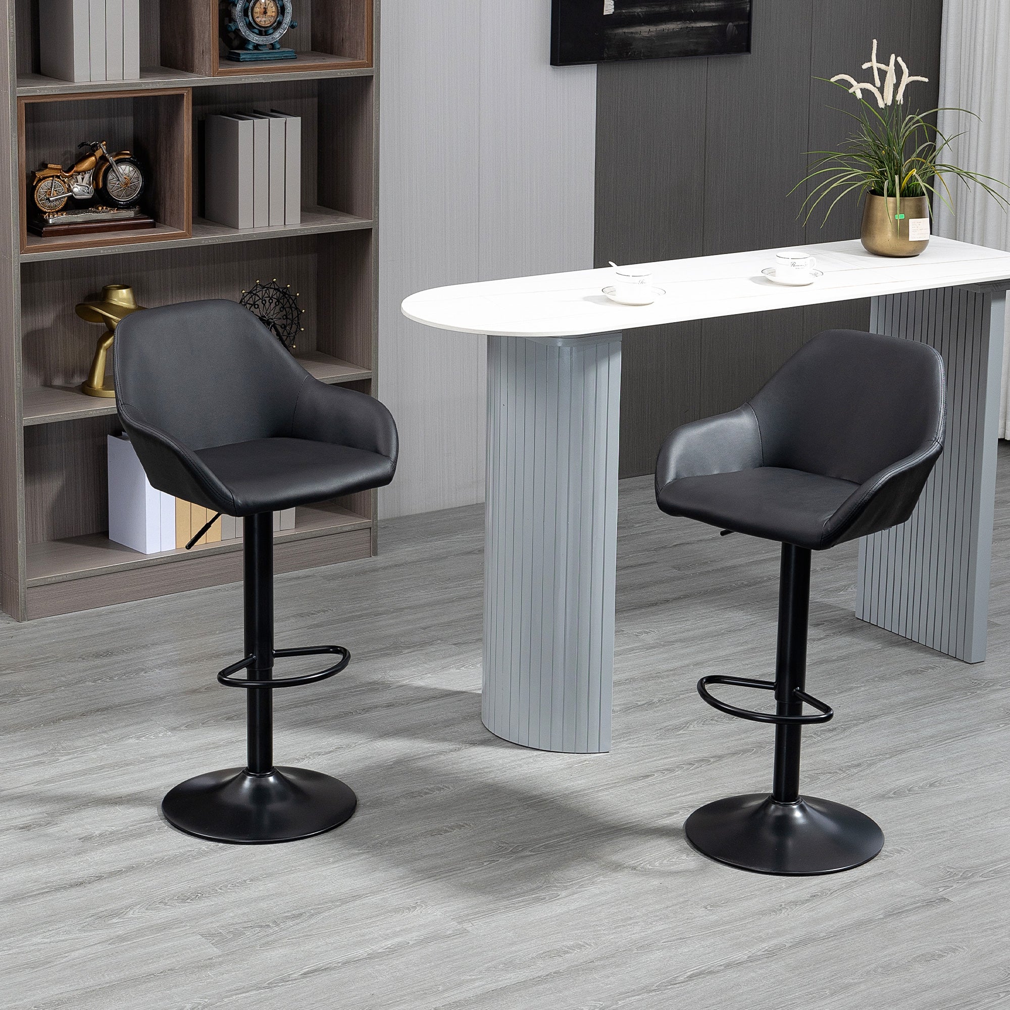 HOMCOM Adjustable Bar Stools Set of 2, Swivel Barstools with Footrest and Backrest, PU Leather and Steel Base, for Kitchen Counter and Dining Room, Black