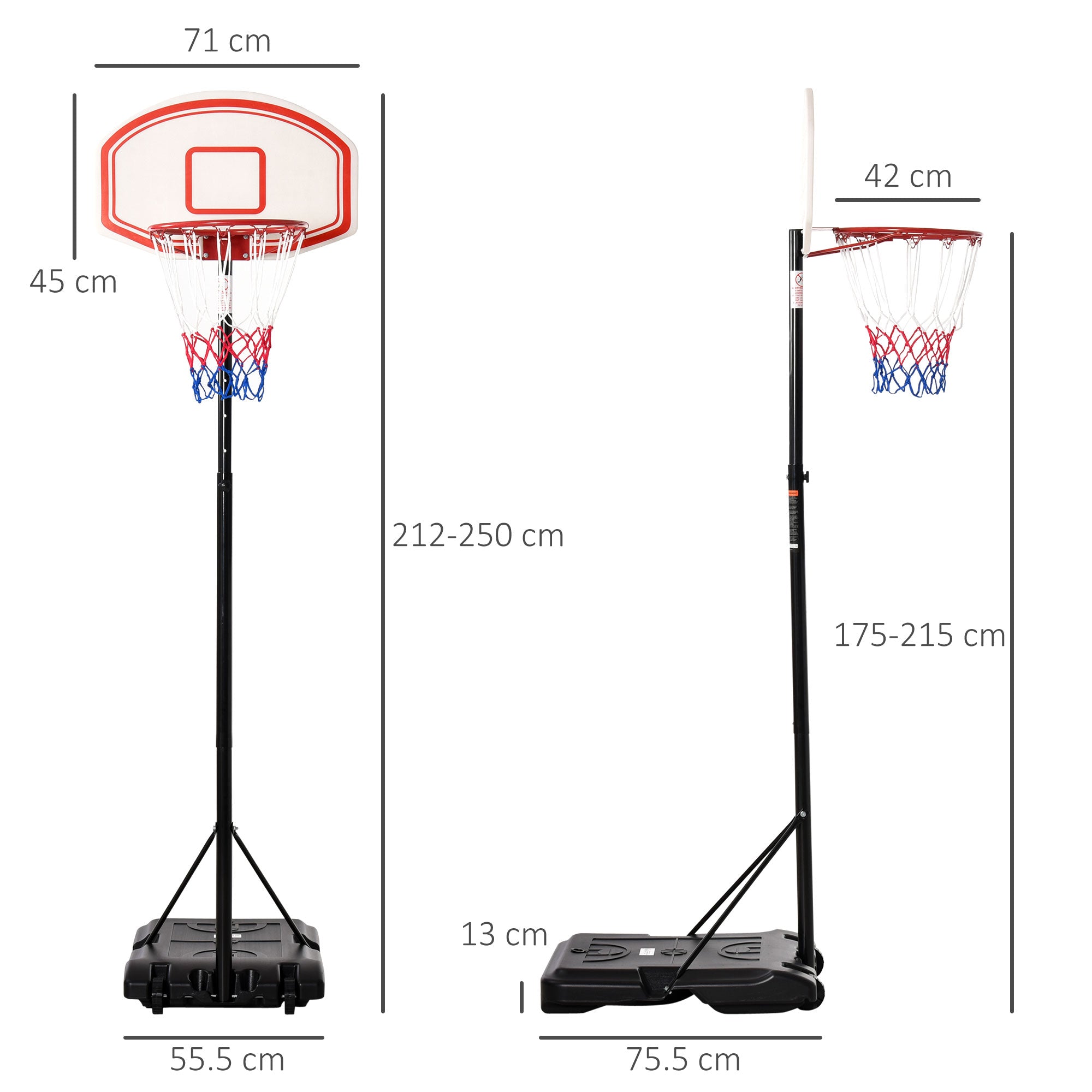 HOMCOM Portable Basketball Stand 175-215cm Adjustable Height Sturdy Rim Hoop w/ Large Wheels Stable Base Net Free Standing - North Peak Garden Furniture