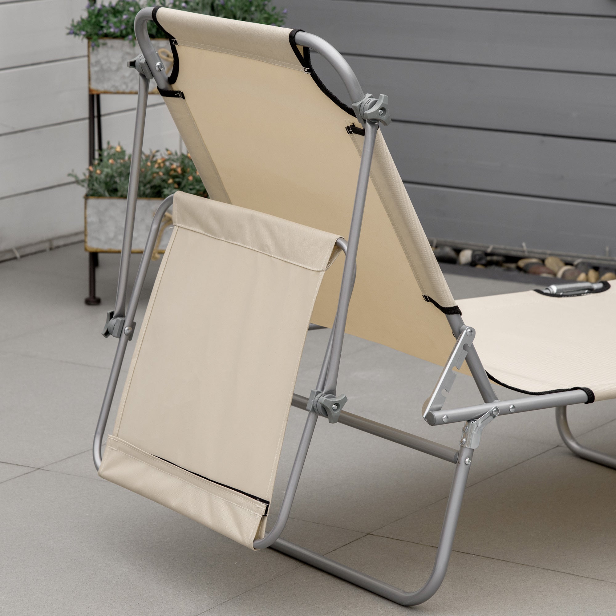 Outsunny 2 Pieces Outdoor Foldable Sun Lounger, 4 Level Adjustable Backrest Reclining Sun Lounger Chair with Angle Adjust Sun Shade Awning for Beach, Garden, Patio, Beige - North Peak Garden Furniture