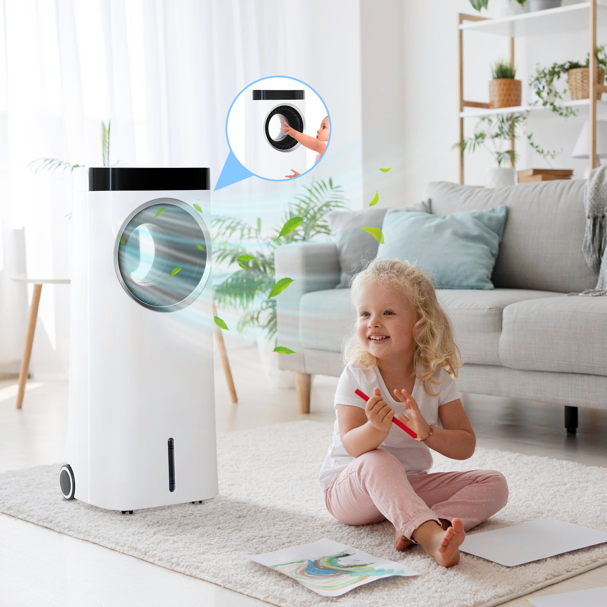 HOMCOM Evaporative Air Cooler, 6.5L 4-in-1 Bladeless Portable Cooler, Fan, Humidifier, Air Clean with Oscillation, 3 Speeds, 24H Timer, Sleep Mode, 2 Ice Packs, Wheels, Remote, for Home Office - North Peak Garden Furniture