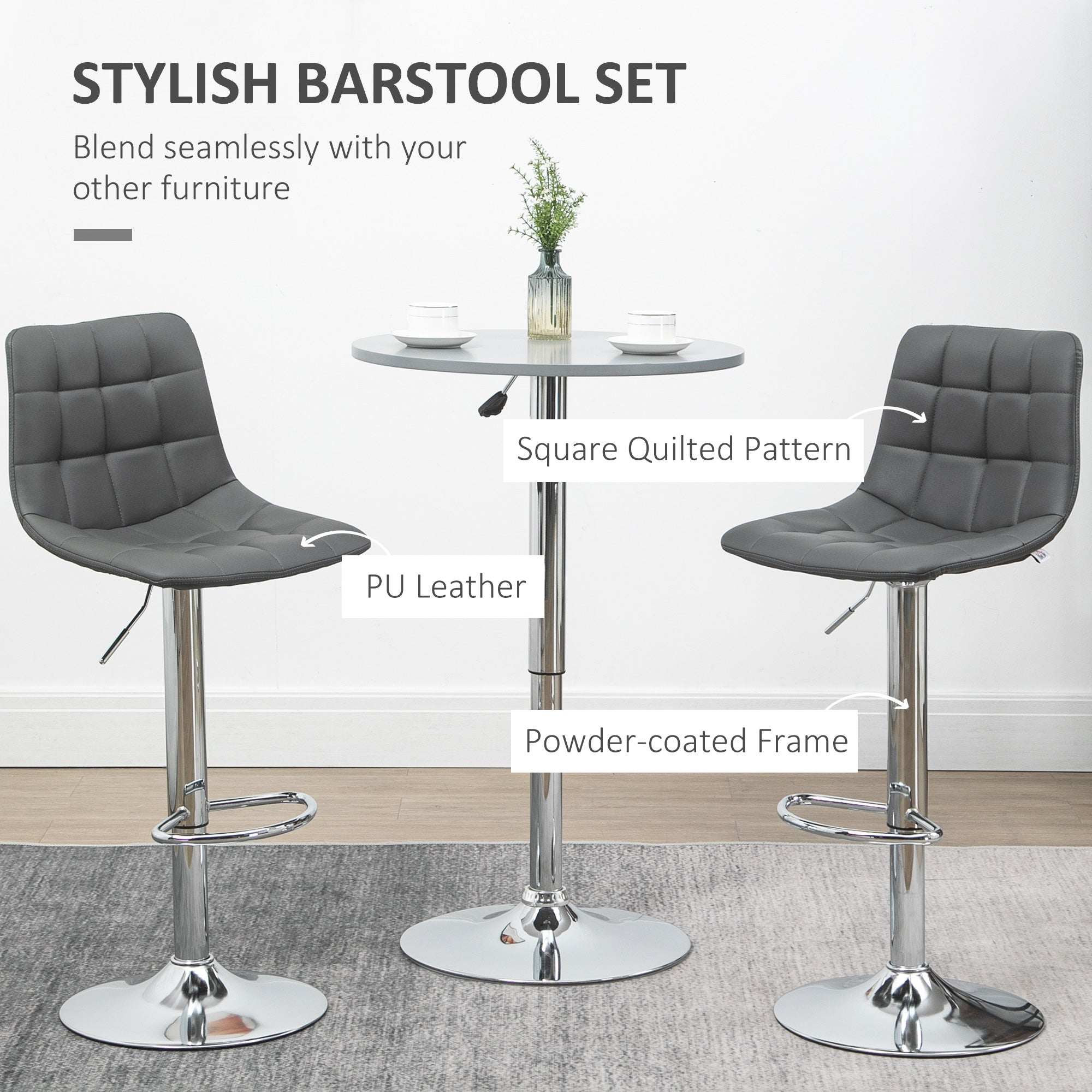 HOMCOM Adjustable Bar Stools Set of 2, Swivel PU Leather Upholstered Barstools with Tufted Seat and Back, Breakfast Bar Chairs for Kitchen Counter, Grey - North Peak Garden Furniture
