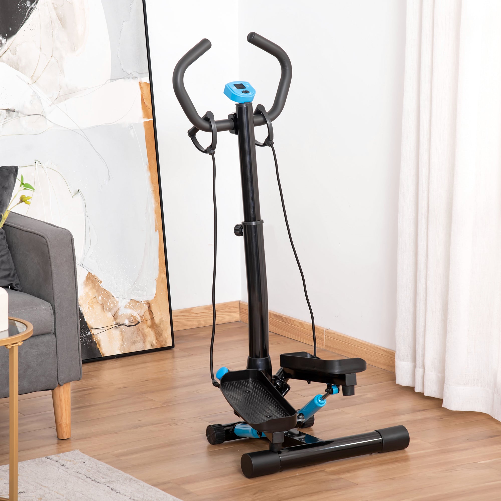 HOMCOM Adjustable Twist Stepper Fitness Step Machine, LCD Screen, Height-Adjust Handlebars, Home Gym, Black and Blue - North Peak Garden Furniture