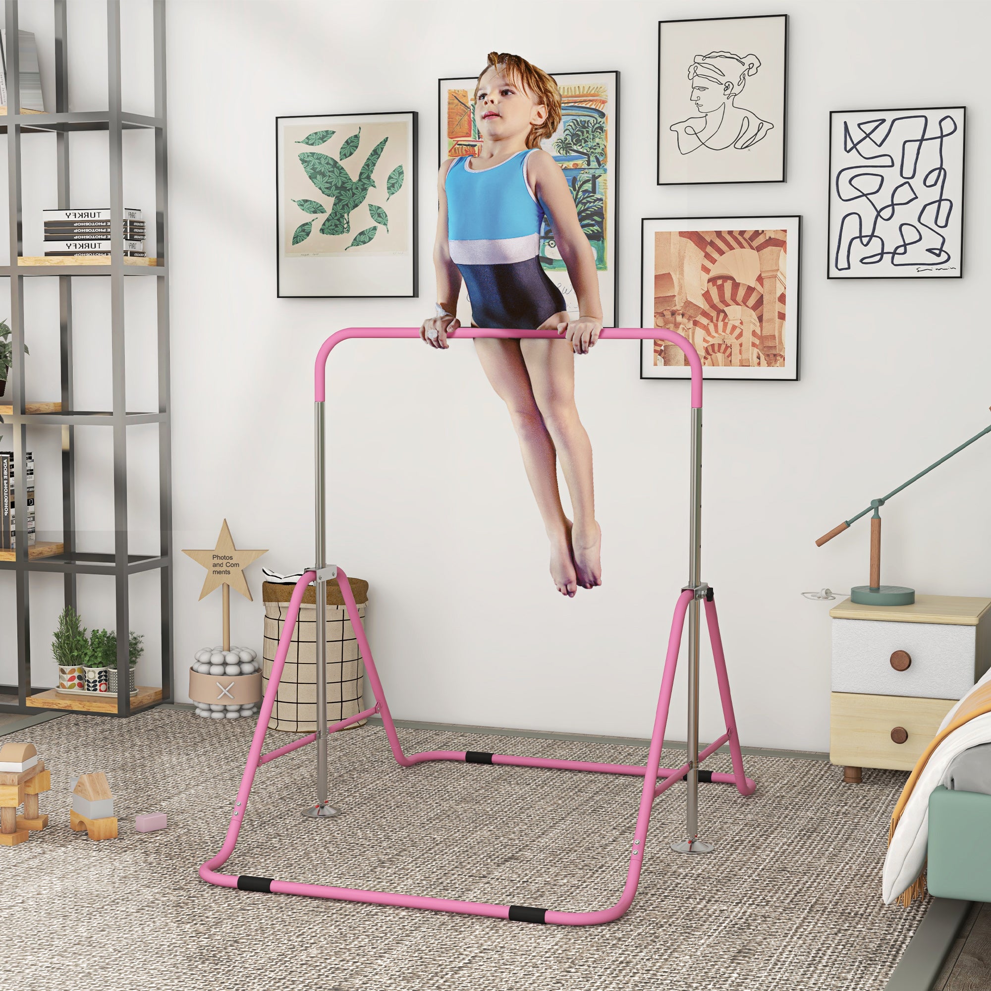 HOMCOM Kids Gymnastic Bar, with Adjustable Height, Foldable Horizontal Bars - Pink