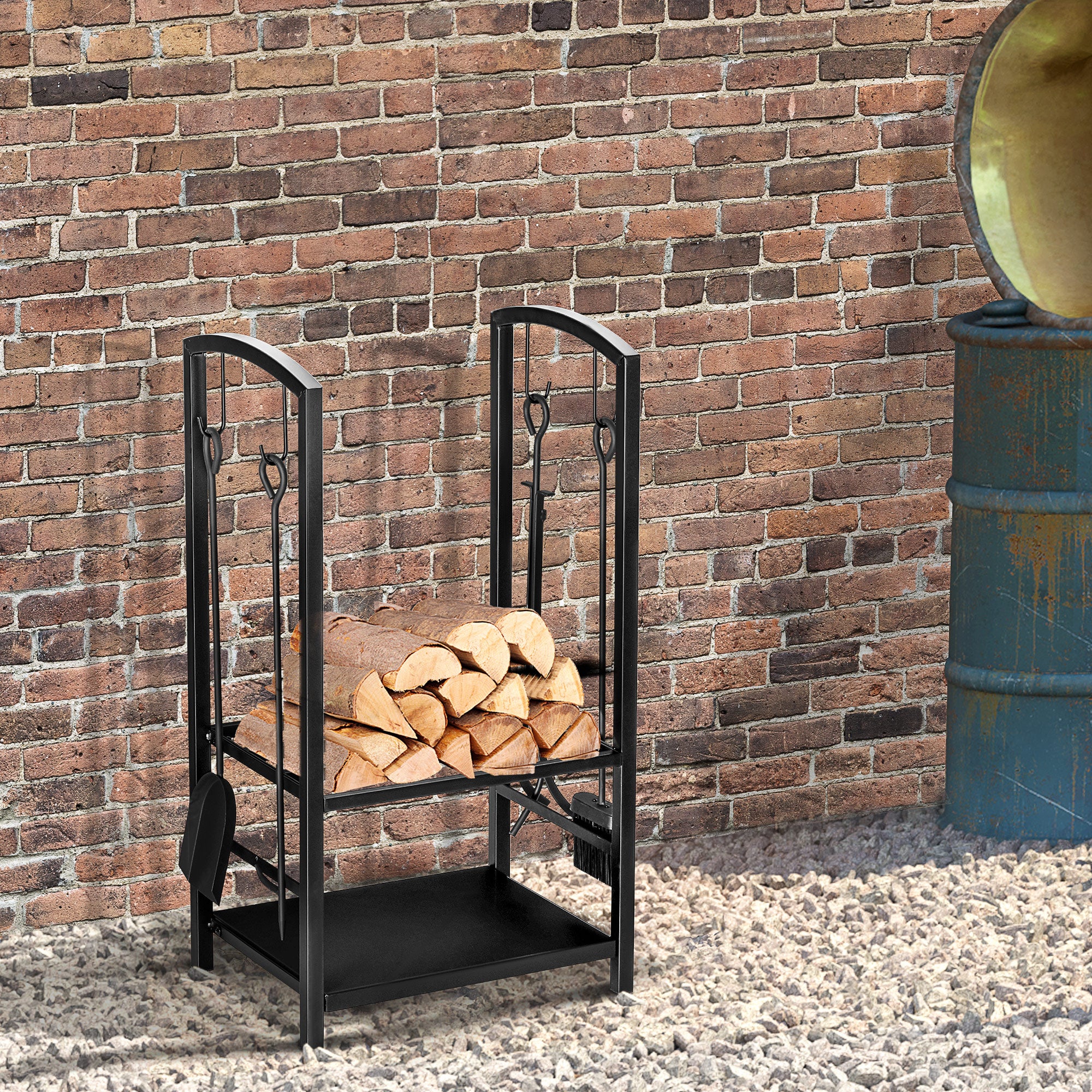 Outsunny Metal Firewood Log Holder 2 Layer Firewood Rack Indoor Outdoor Fireplace Wood Storage Shelf with 4 Tools and Hooks, Black, 40L x 30W x 74.5H cm - North Peak Garden Furniture