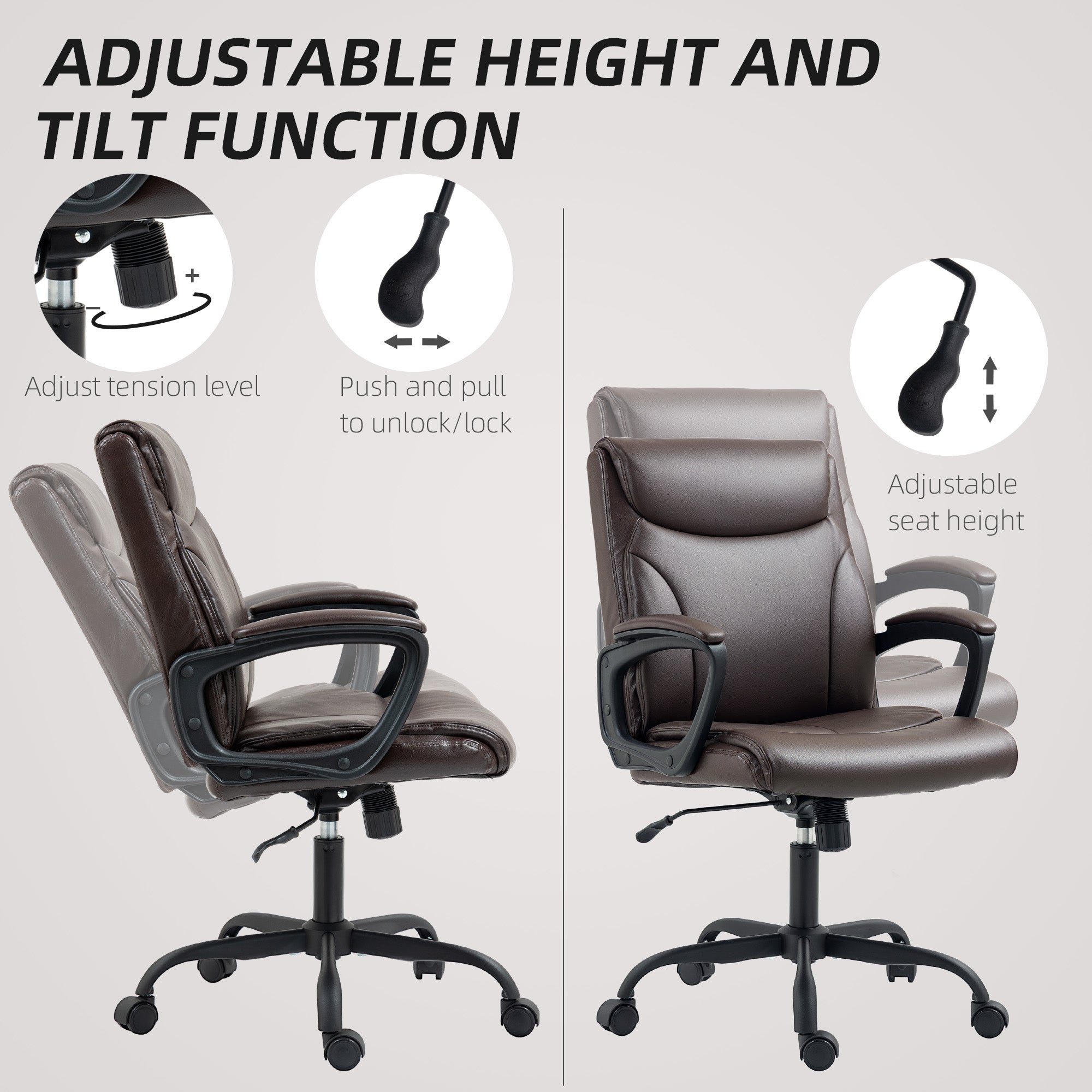 HOMCOM Executive Office Chair, Faux Leather Desk Chair with Height Adjustable, Swivel Wheels and Tilt Function, Computer Chair for Home Office and Study Room, Brown - North Peak Garden Furniture