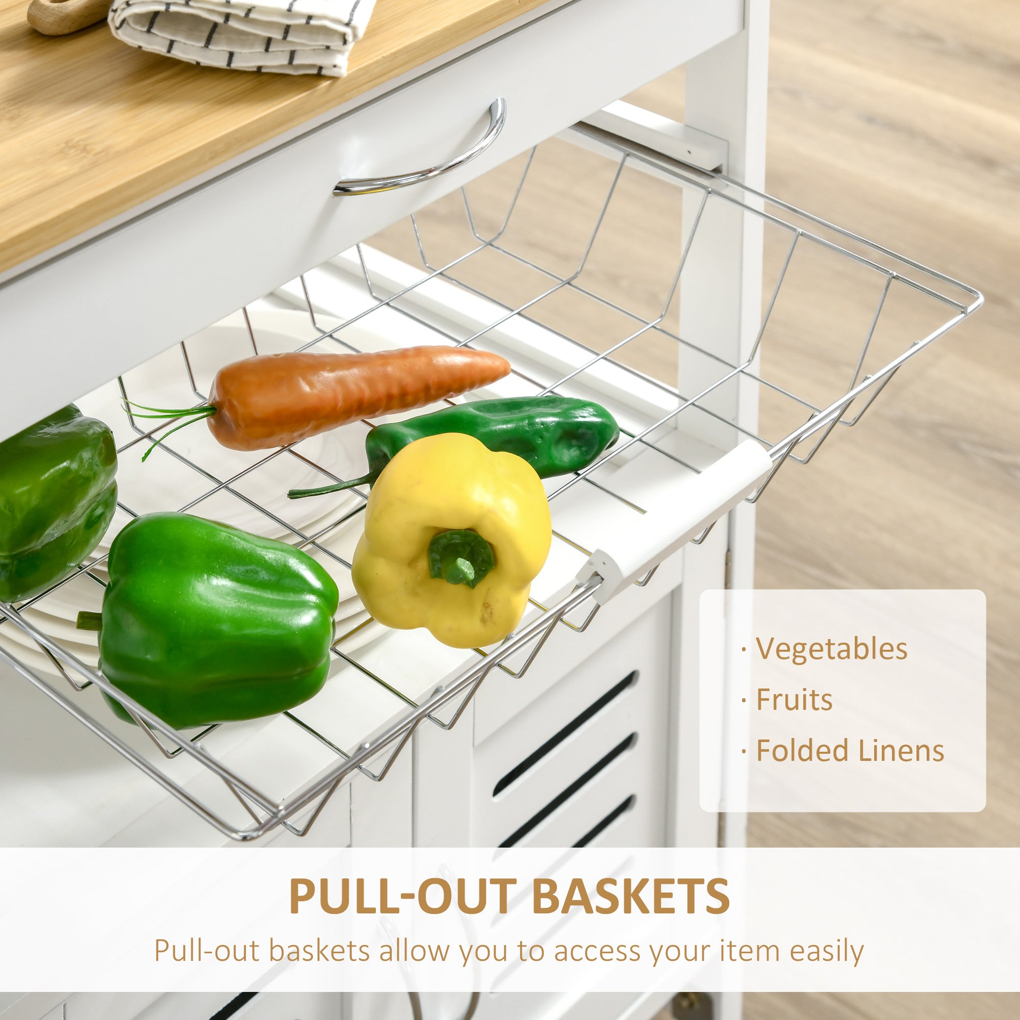HOMCOM Rolling Kitchen Island Trolley Utility Cart on Wheels with Bamboo Table Top, Storage Cabinet, Drawer and Wire Basket - North Peak Garden Furniture