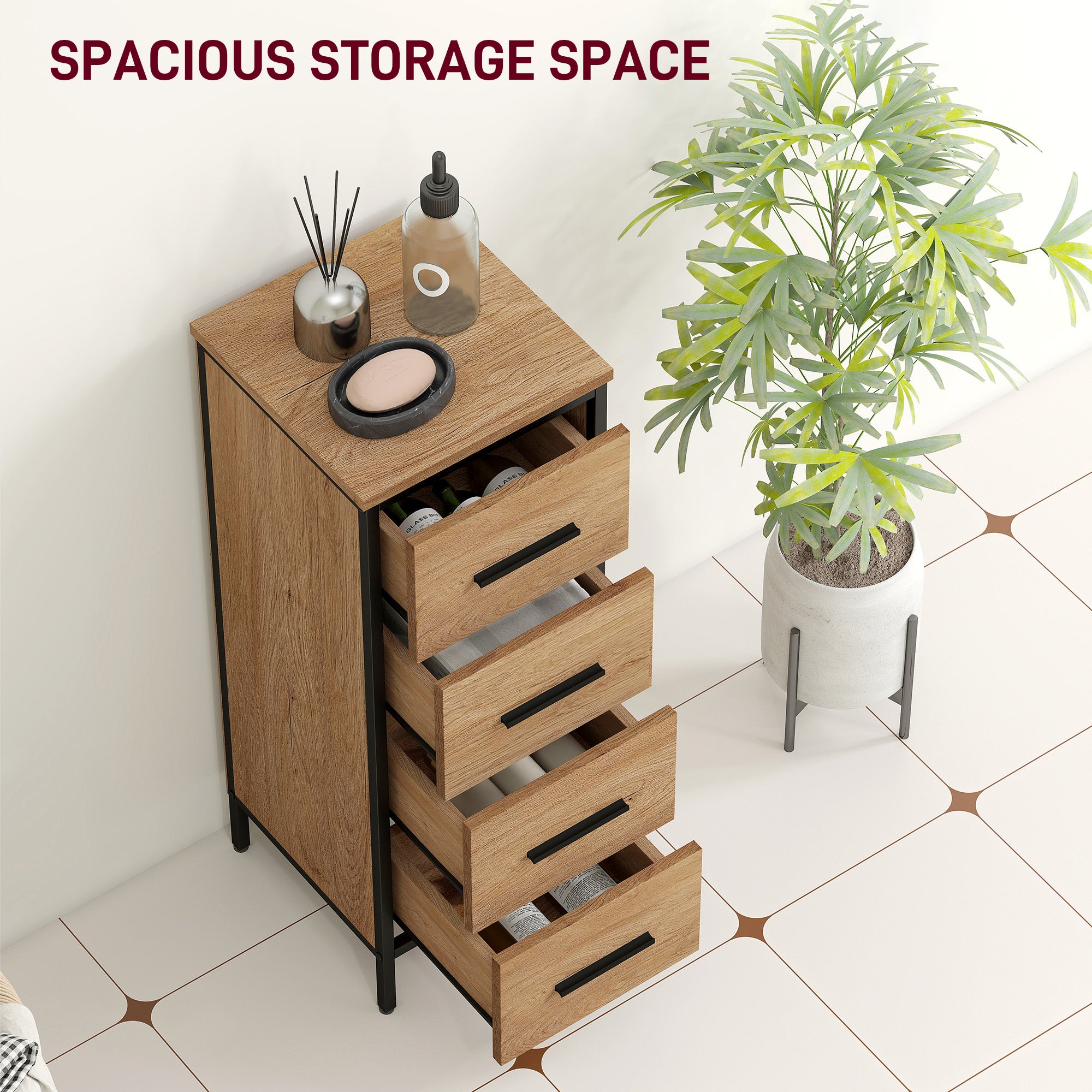 HOMCOM Narrow Bathroom Storage Cabinet with 4 Drawers - Oak - North Peak Garden Furniture