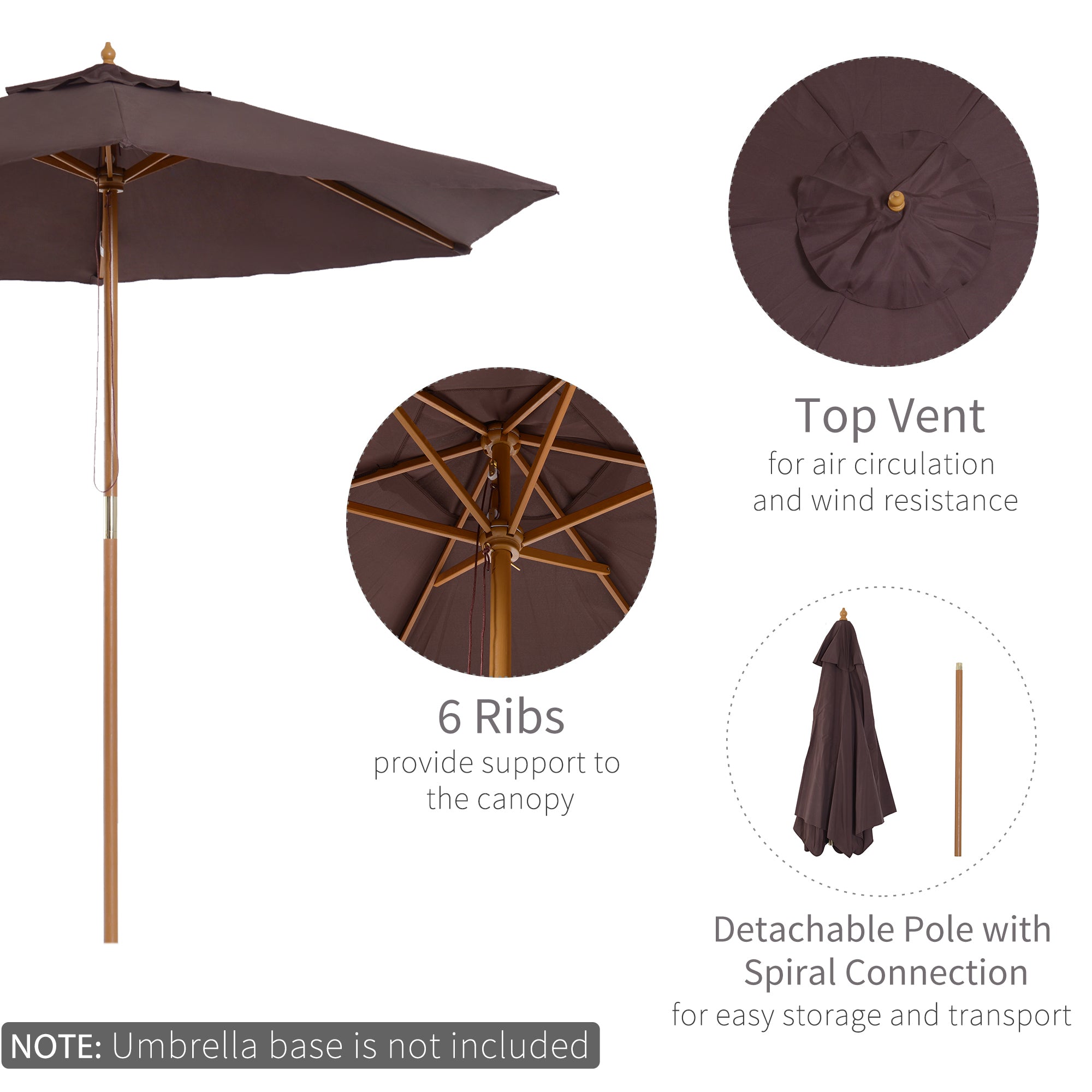 Outsunny Elegant Wooden Garden Parasol: 2.5m Patio Sunshade with UV Protection, Coffee Hue