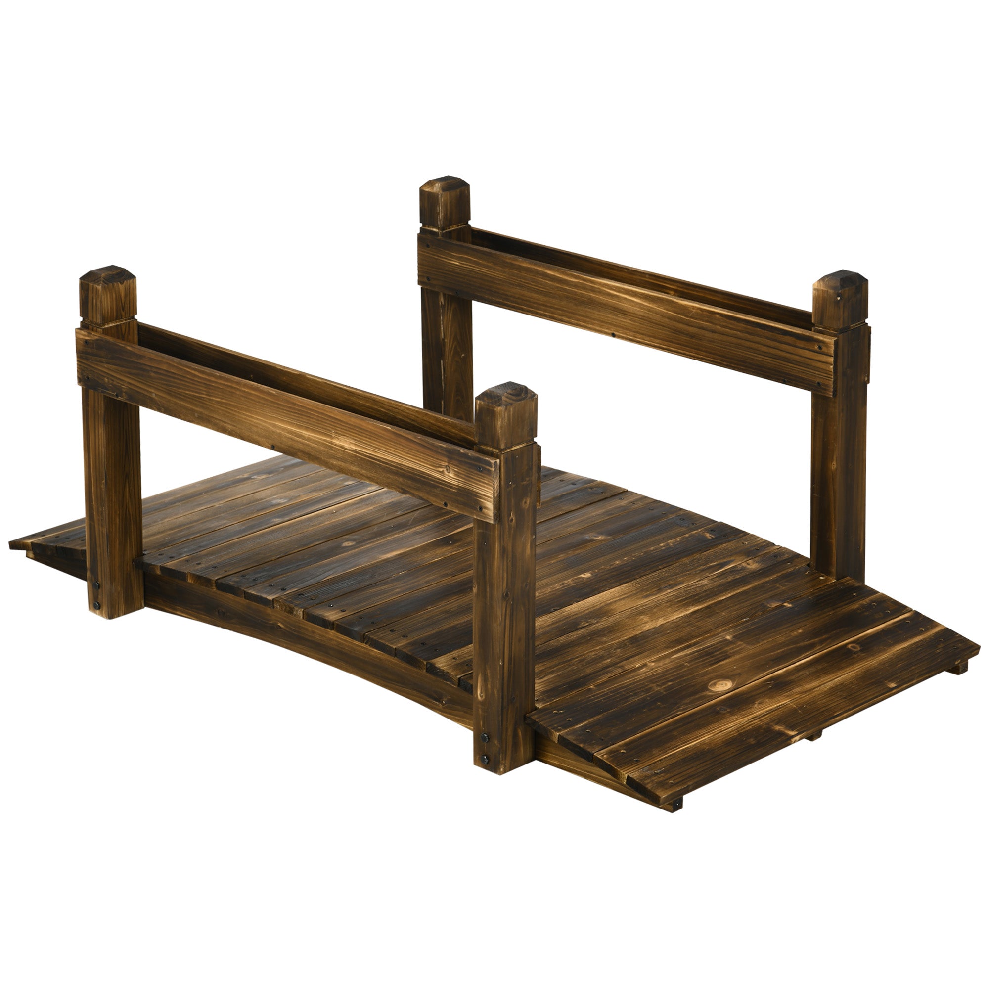 Outsunny 5FT Wooden Garden Bridge with Planters on Safety Railings, Stained Finish Arc Footbridge for Pond Backyard Stream - North Peak Garden Furniture
