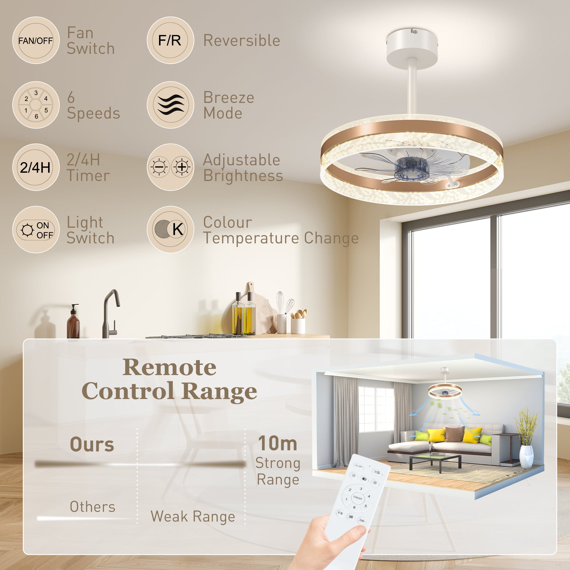 HOMCOM Ceiling Fan with LED Light and Remote - Gold Tone - North Peak Garden Furniture