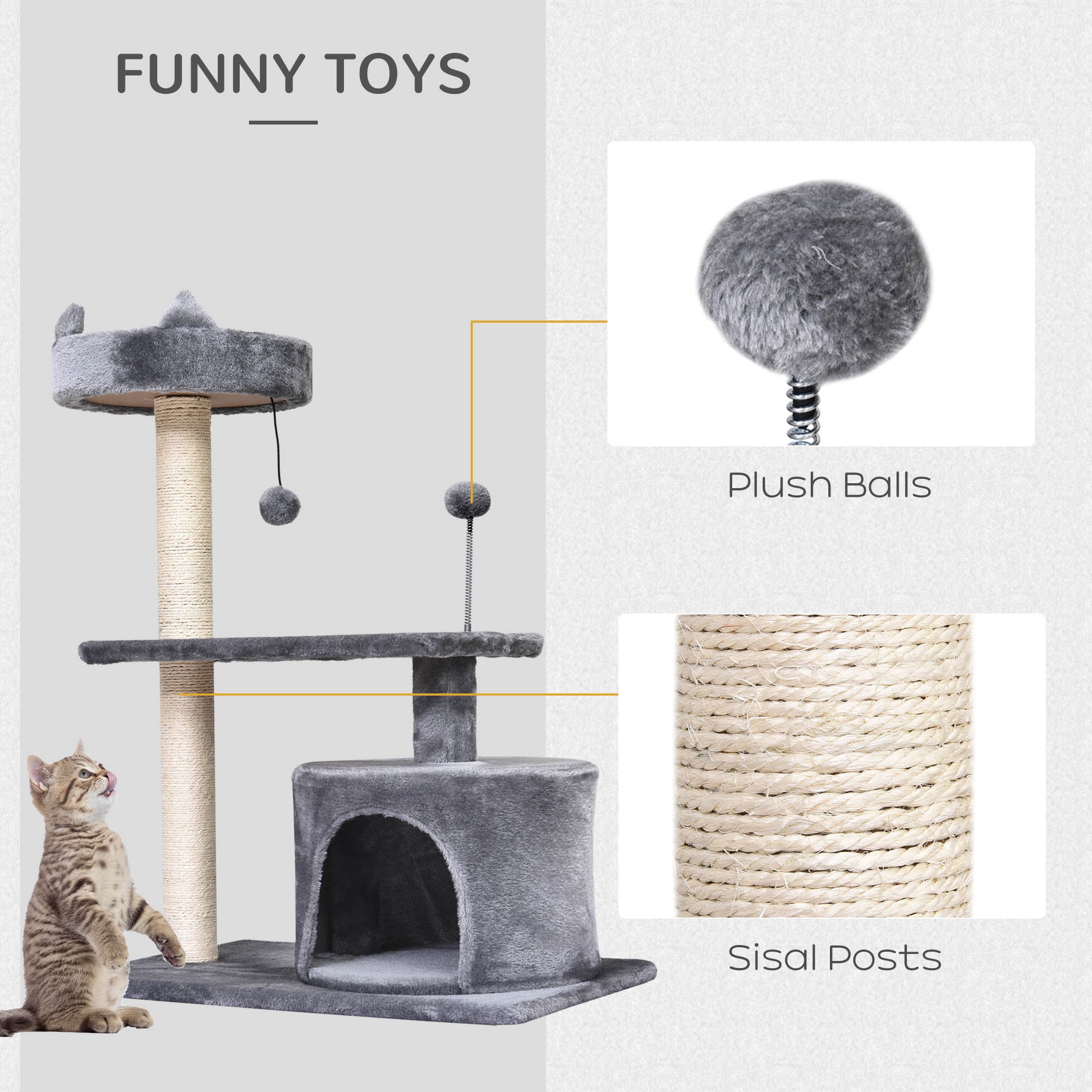 PawHut 3-Tier Cat Scratching Post with Sisal Rope & Play Toys, Durable Activity Centre for Cats, Grey