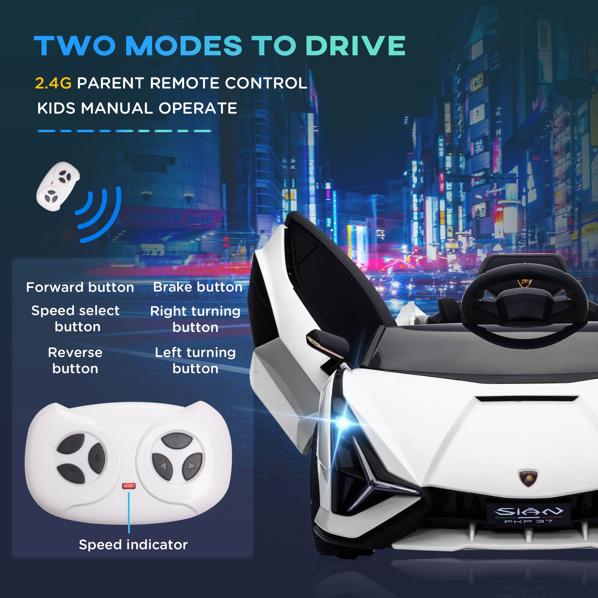 HOMCOM Lamborghini Sian Licensed 12V Kids Electric Ride On Car 2 Motors Toy Car with Remote Control Music Lights MP3 for 3-5 Years White