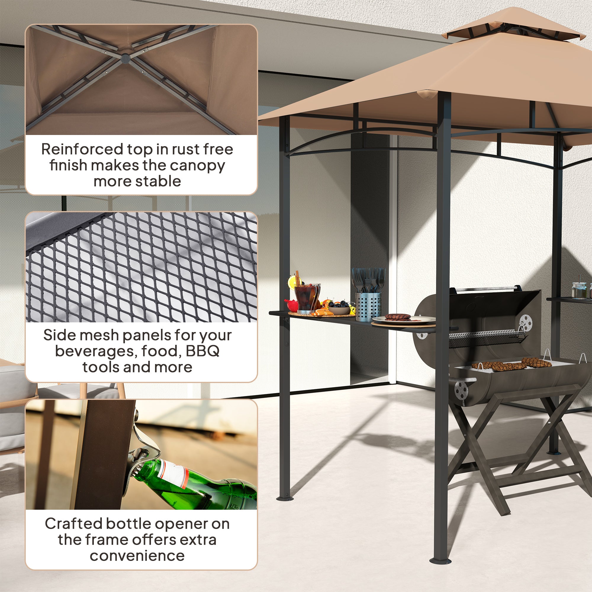 Outsunny 2.5M (8ft) New Double-Tier BBQ Gazebo Shelter Grill Canopy Barbecue Tent Shelter Patio Deck Cover - Khaki - North Peak Garden Furniture