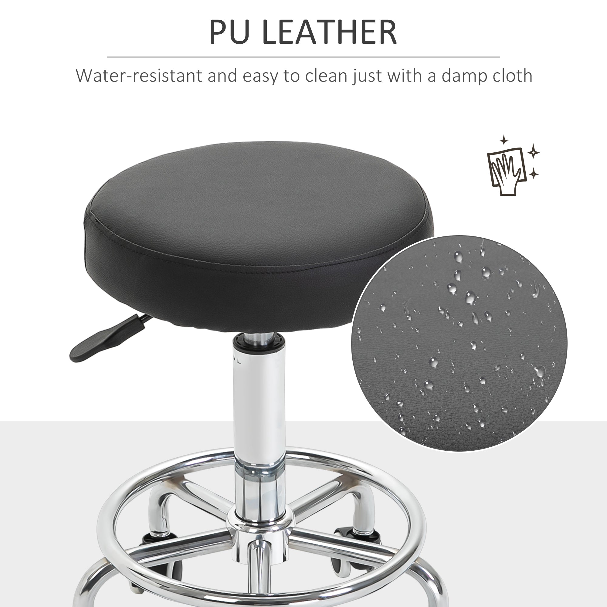 Vinsetto Round Rolling Stool, PU Leather Height Adjustable Stool Chair with Wheels and Swivel Seat for Salon, Massage, Spa, Home Kitchen, Black - North Peak Garden Furniture