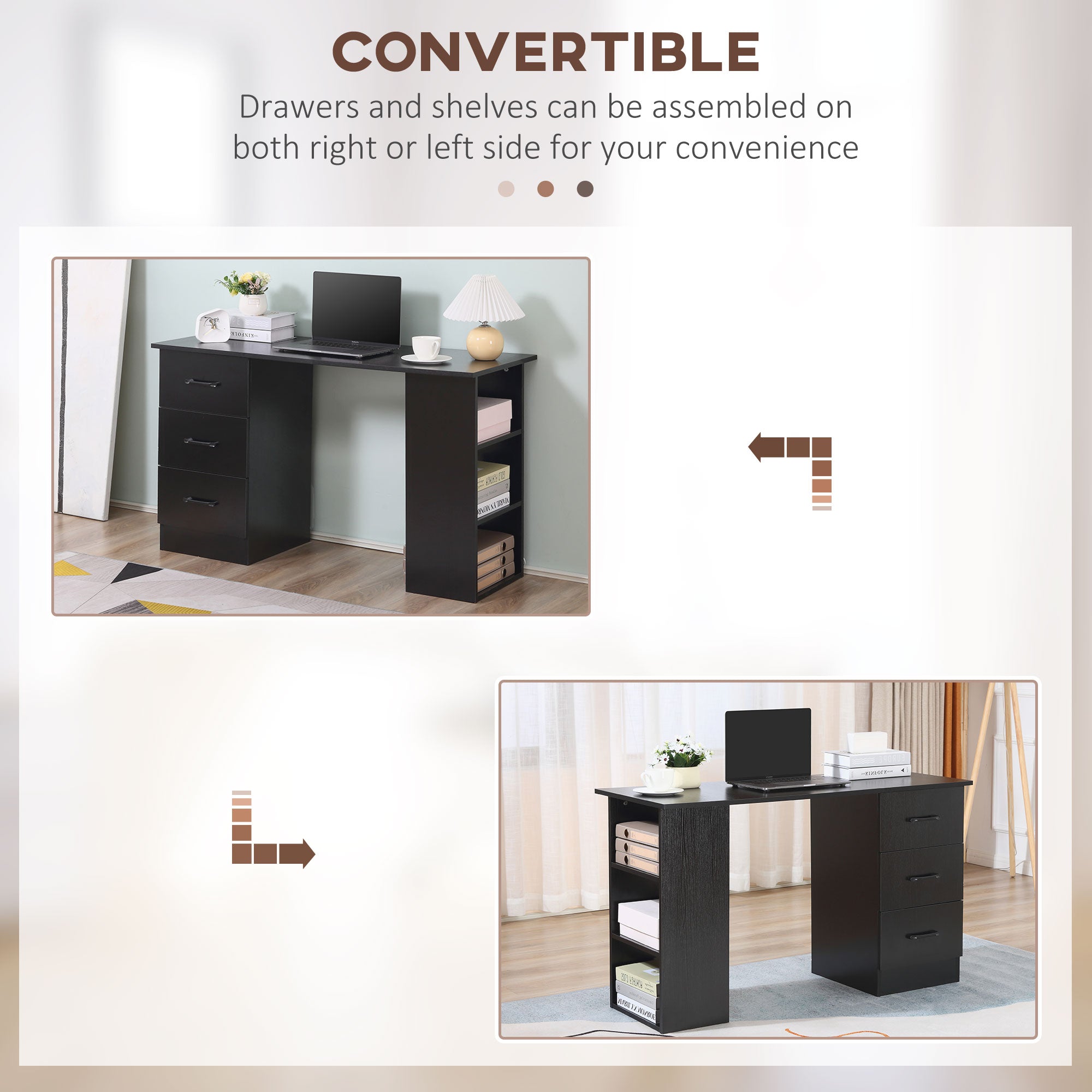 HOMCOM Computer Desk, Writing Table, PC Workstation with 3 Storage Shelves and Drawers, Black Handle, for Home Office, Black - North Peak Garden Furniture