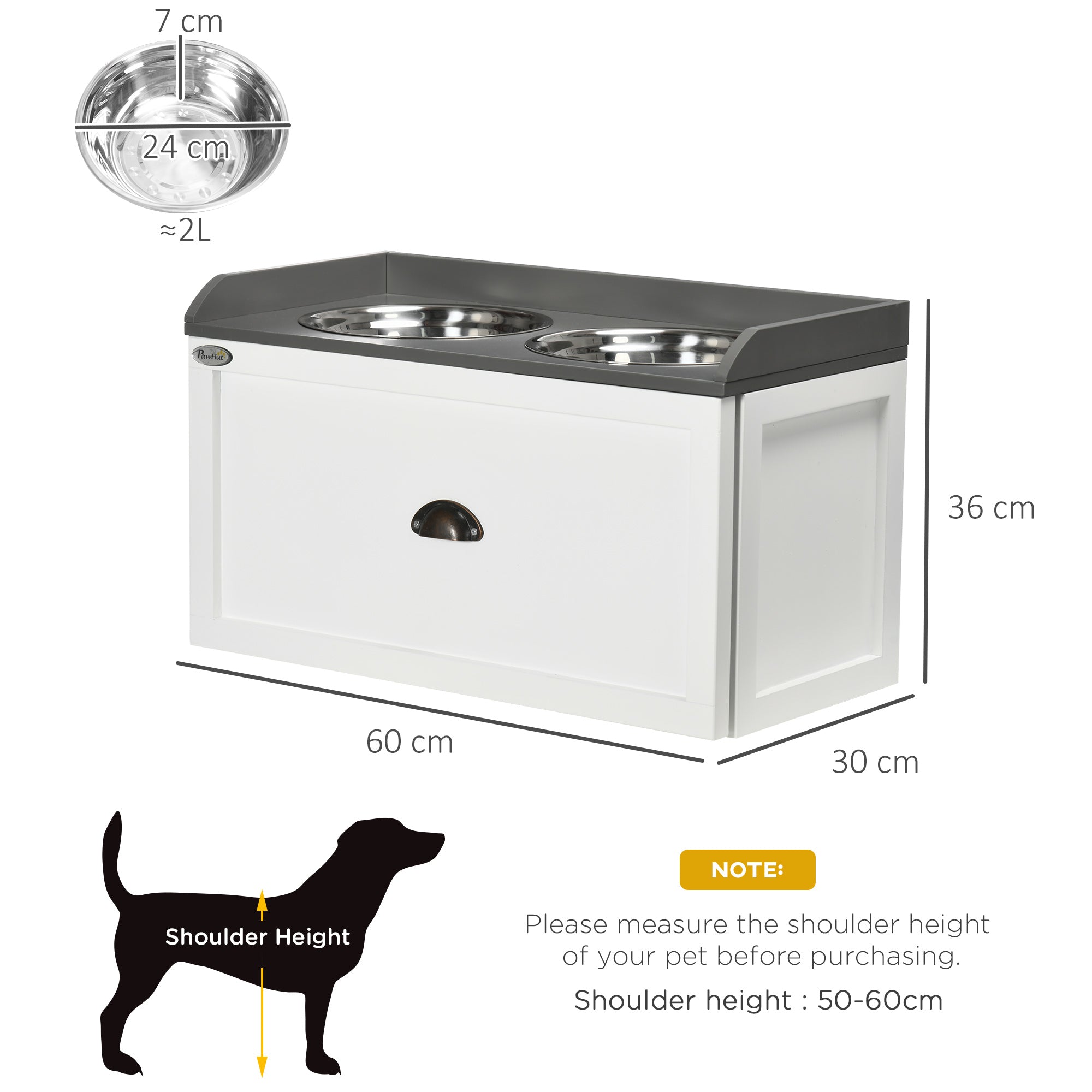 PawHut Stainless Steel Raised Dog Bowls, with 21L Storage Drawer for Large Dogs and Cats - White - North Peak Garden Furniture
