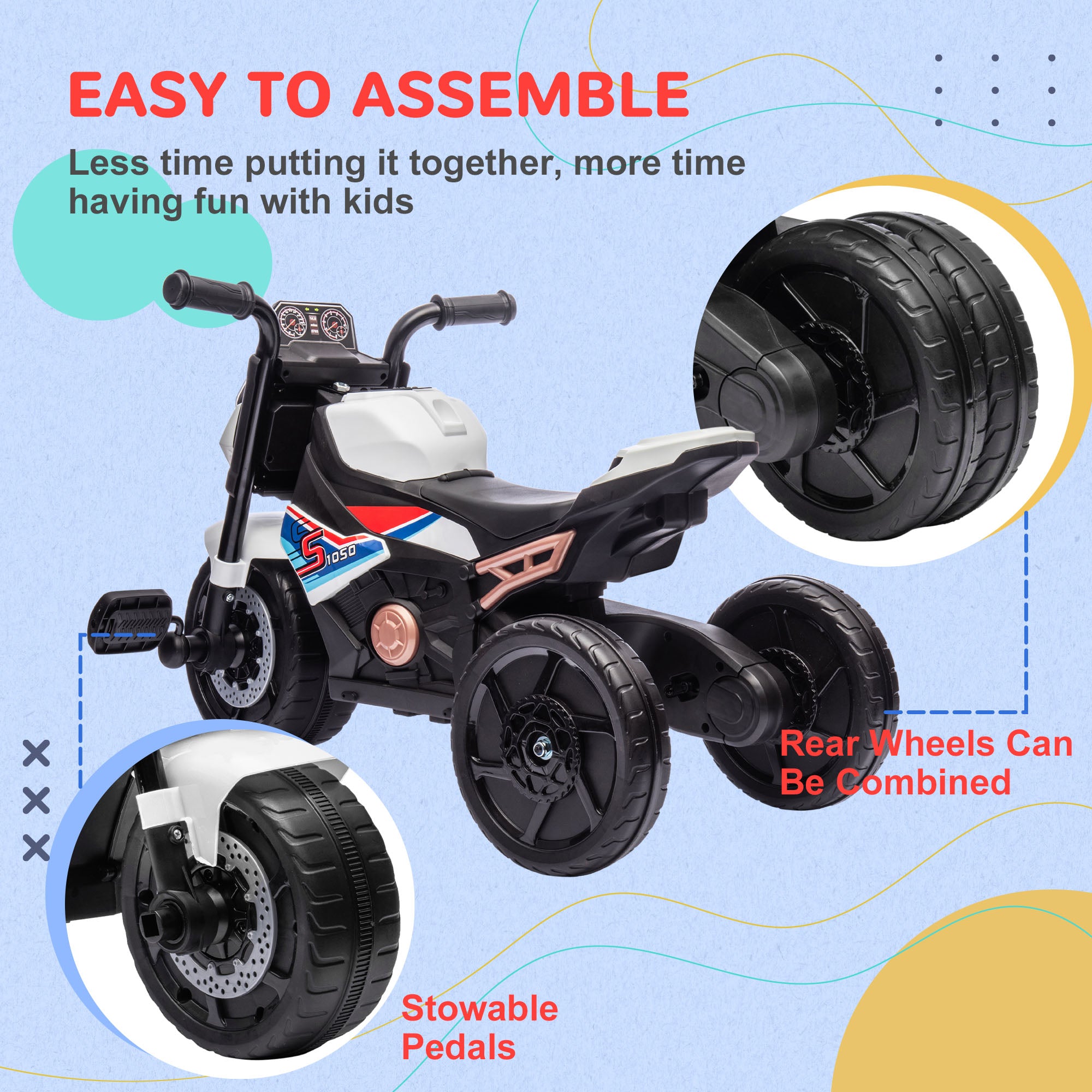 AIYAPLAY Motorcycle Design, 3 in 1 Toddler Trike, Sliding Car, Balance Bike with Headlight, Music, Horn, White - North Peak Garden Furniture