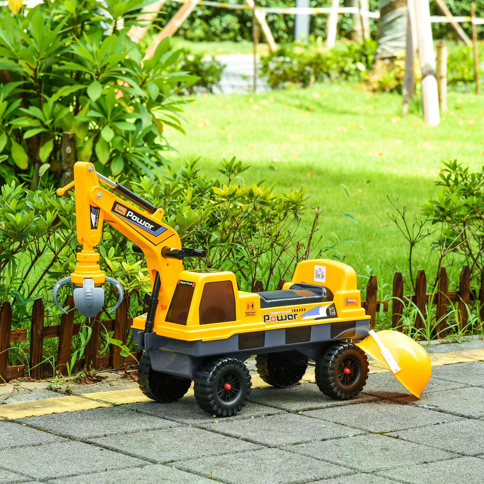 HOMCOM 2 in 1 Ride on Excavator Digger No Power Detachable Digging Bucket and Grab Bucket Music Light for 2-3 Years Old