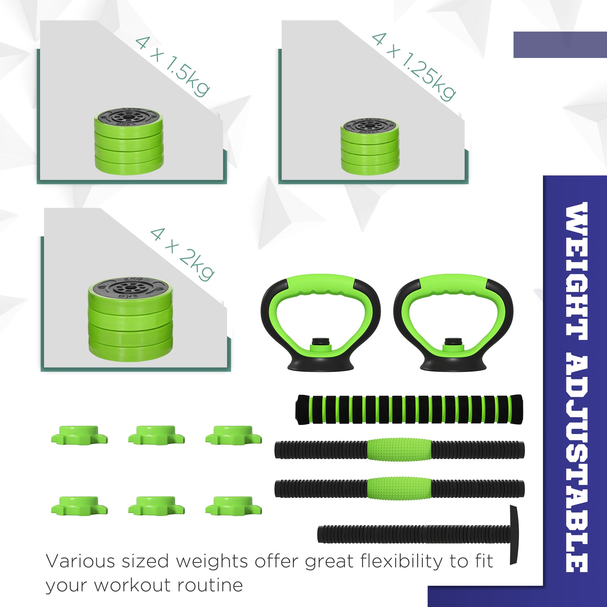 SPORTNOW 20kg Four-In-One Adjustable Weight Dumbbells Set, Barbell, Kettlebell, Push Up Stand - Green - North Peak Garden Furniture