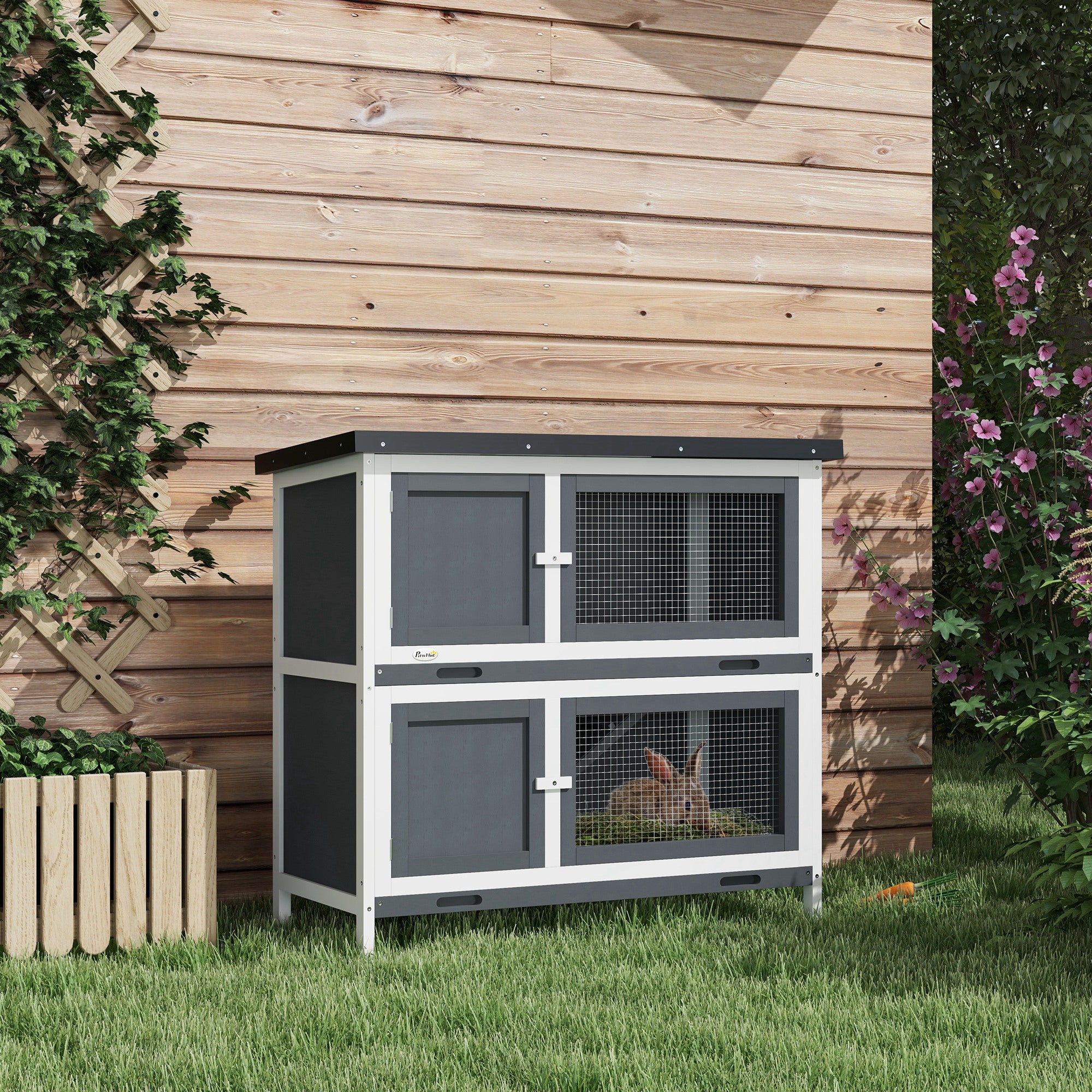 PawHut Double Decker Rabbit Hutch 2 Tier Guinea Pig House Pet Cage Outdoor with Sliding-out Tray, 100 x 47 x 91cm, Grey - North Peak Garden Furniture