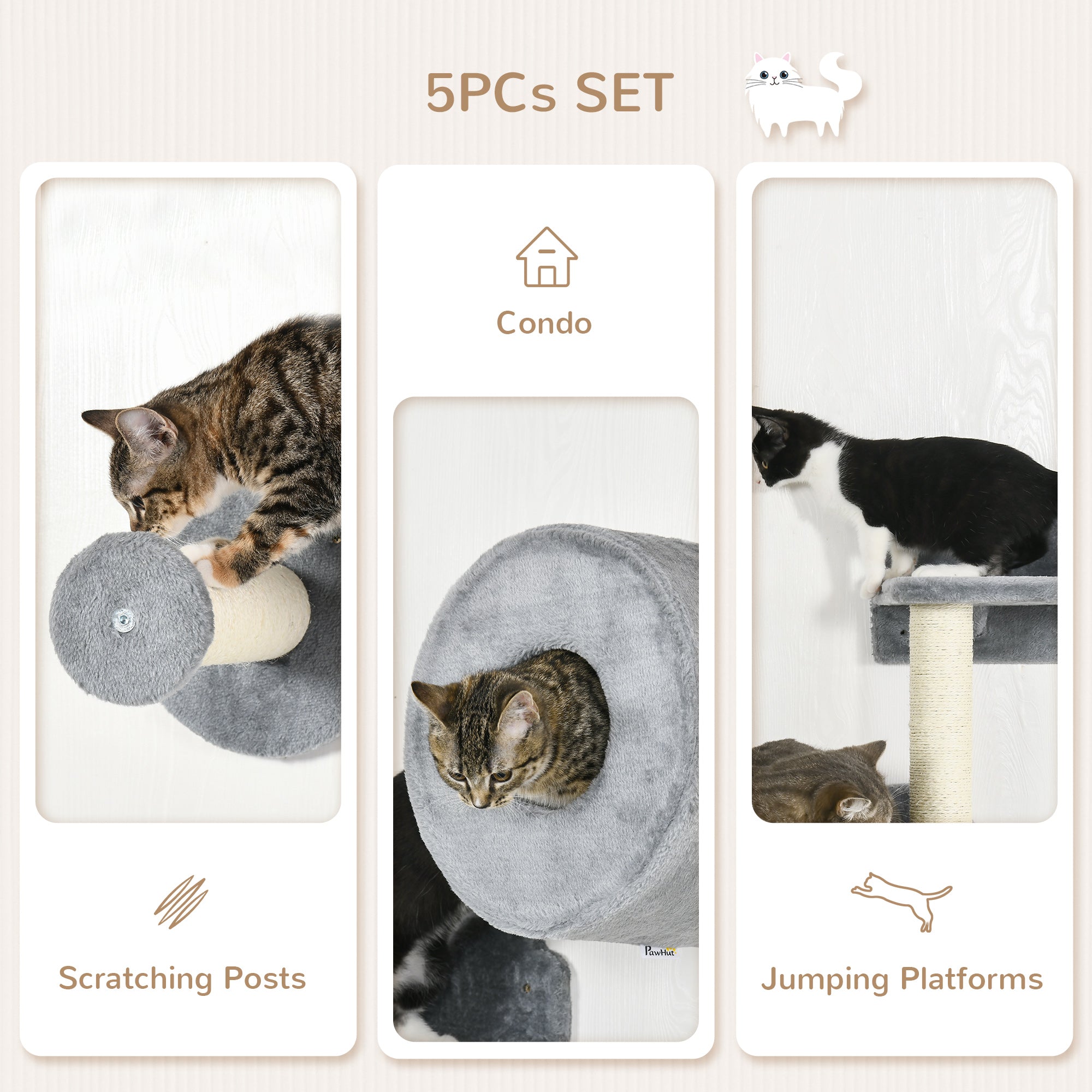 PawHut 5PCs Cat Wall Furniture with Perch, Cat House, Scratching Post - North Peak Garden Furniture