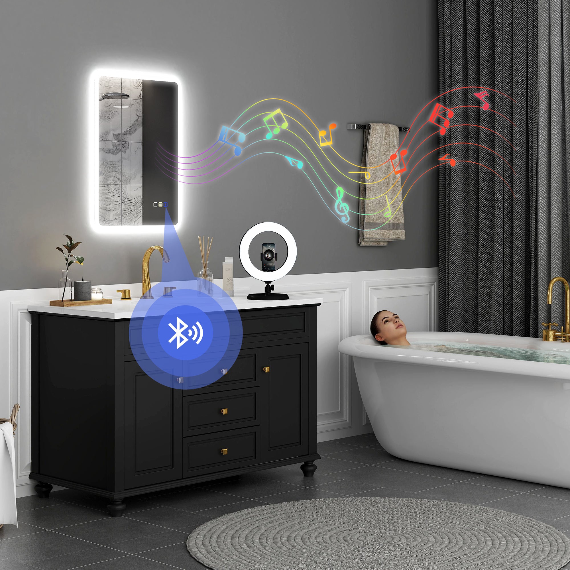 HOMCOM 50 x 70 cm Backlit Illuminated Bathroom Mirror with LED Lights and Bluetooth - Silver Tone - North Peak Garden Furniture