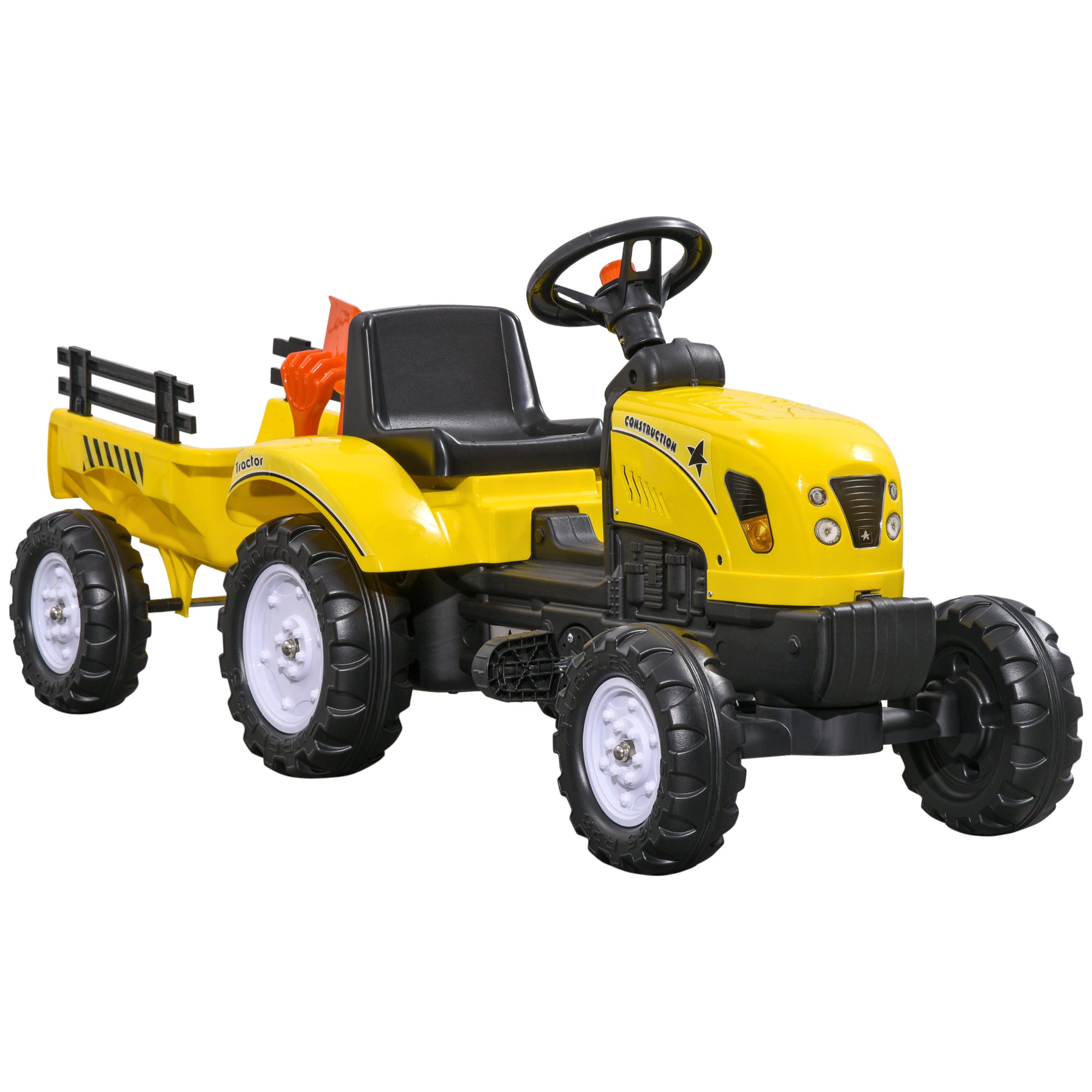 HOMCOM Pedal Go Kart, Kids Ride on Tractor with Back Trailer, Shovel & Rake, Horn, Four Wheels Tractor Toy for Child Toddler - North Peak Garden Furniture