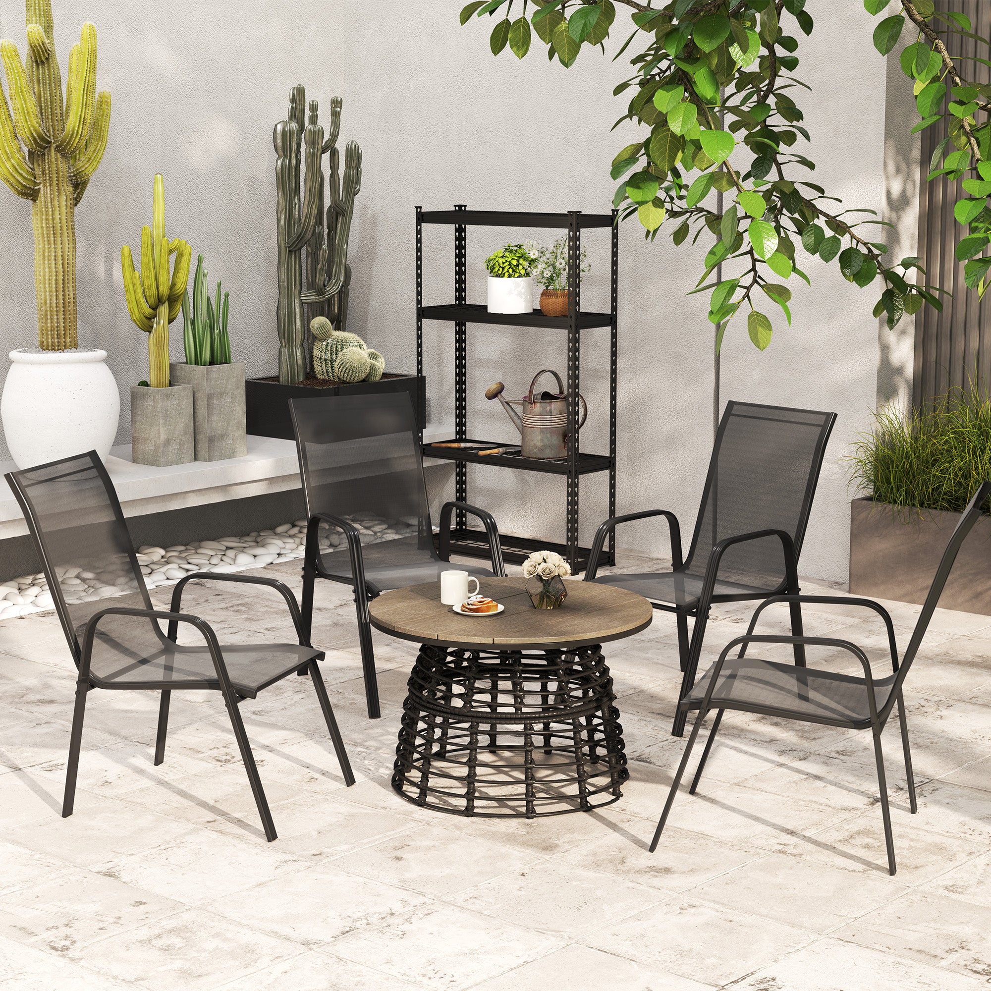 Outsunny Set of Four Stackable Mesh Seat Chairs - Black - North Peak Garden Furniture