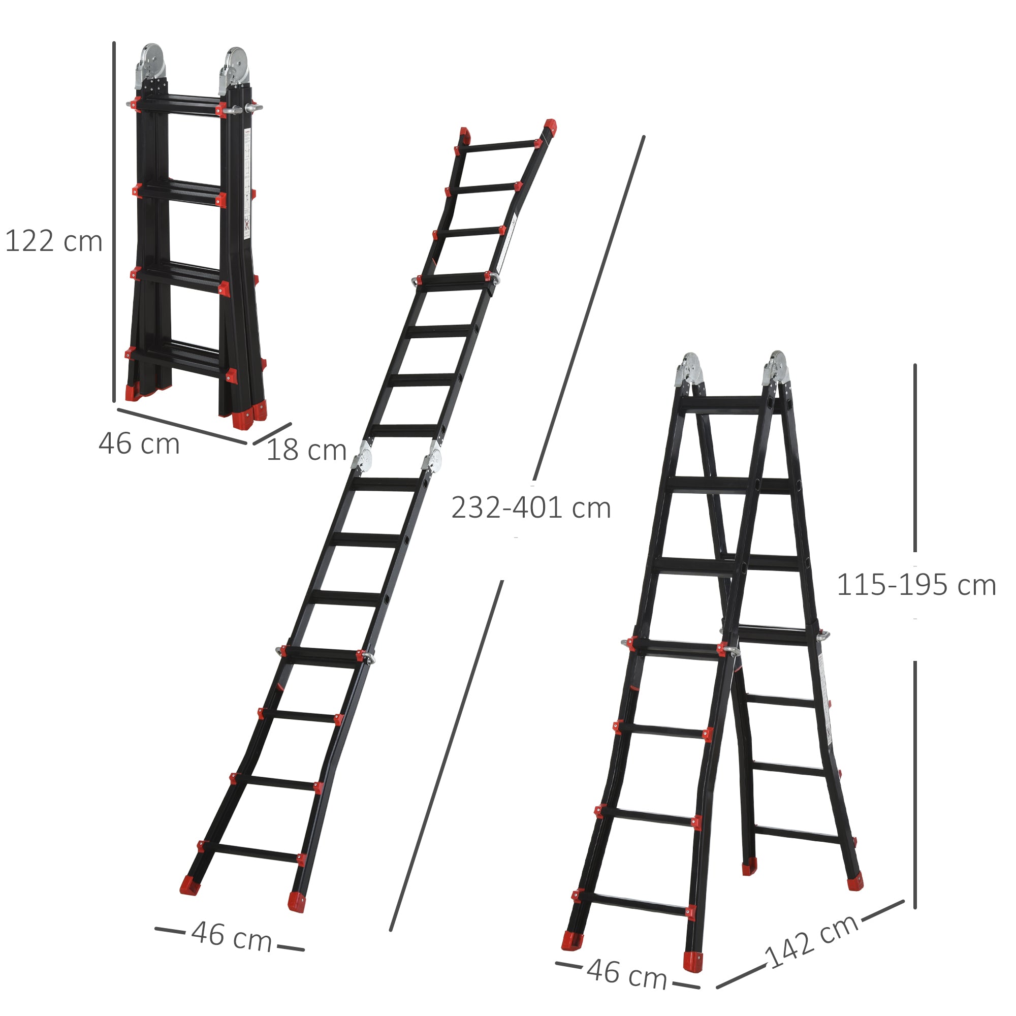 HOMCOM 4M Aluminium Duo Ladder Telescopic Herringbone Changeable Multi-Purpose w/ Non-Slip Steps Climbing DIY Platform Portable Workshop House Garden - North Peak Garden Furniture