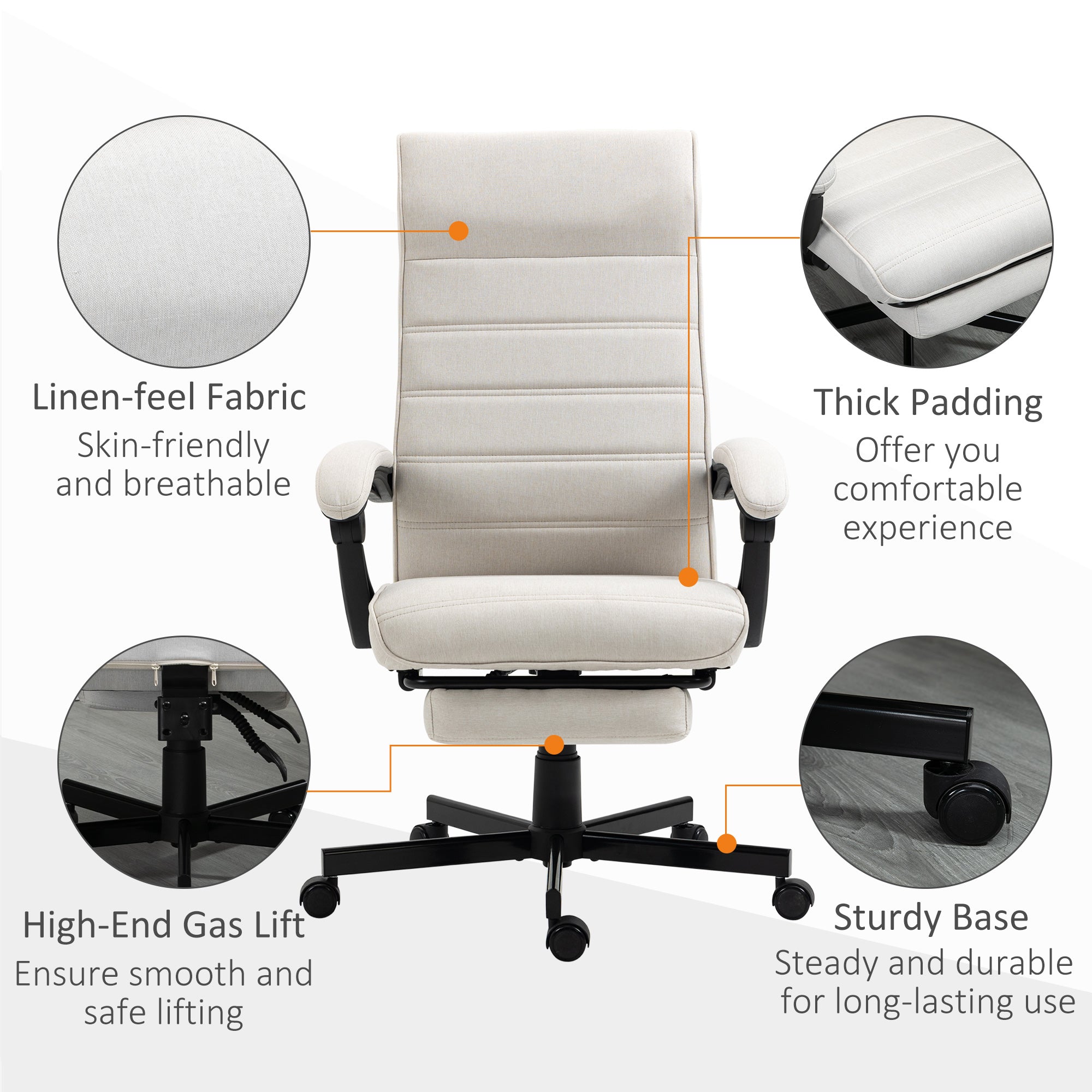 Vinsetto Office Chair, Computer Desk Chair, Fabric Swivel Chair with Adjustable Height and Rolling Wheels for Home Office Work Study, Cream White - North Peak Garden Furniture