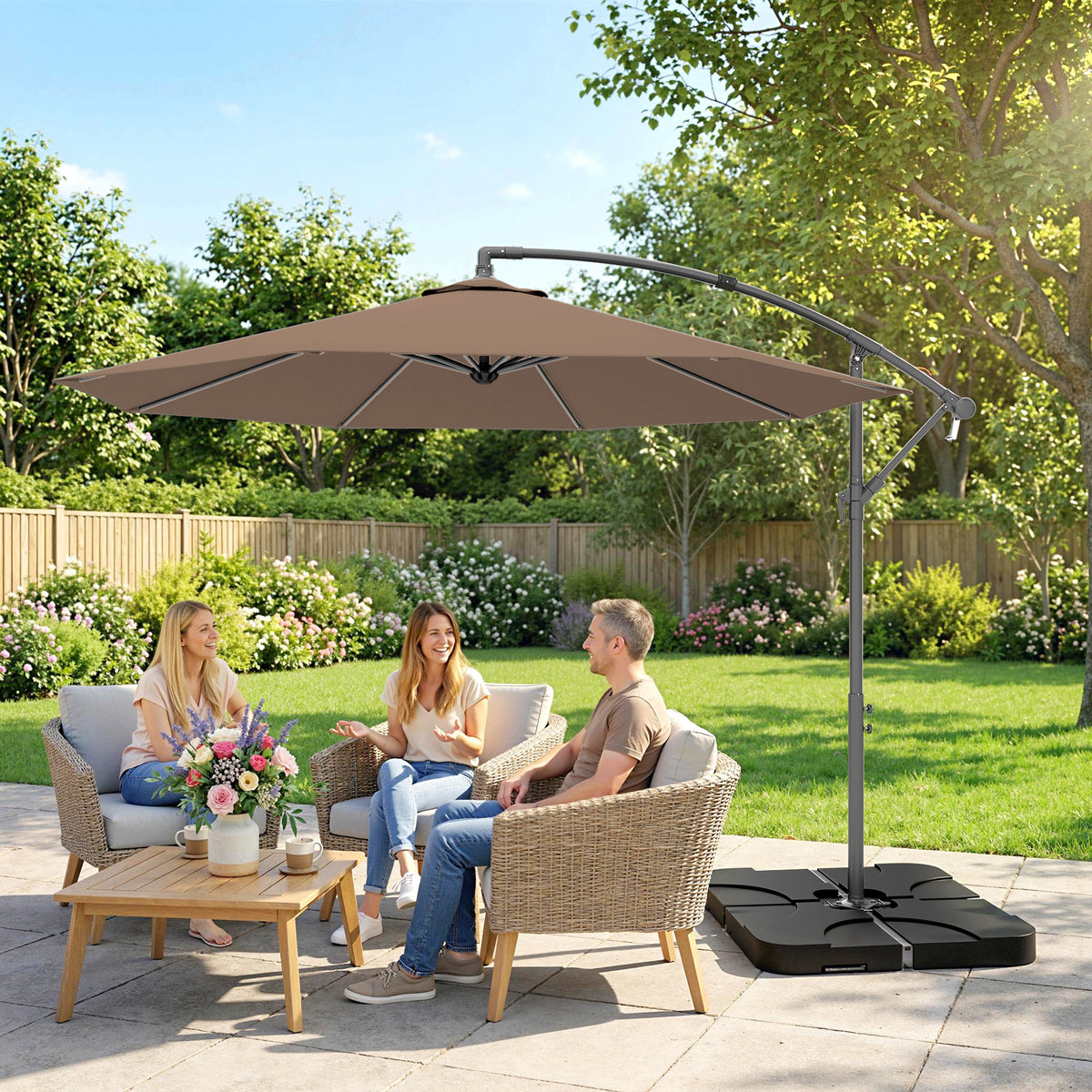 Outsunny 3m Overhanging Parasol, with Base, Weights and Cover - Coffee