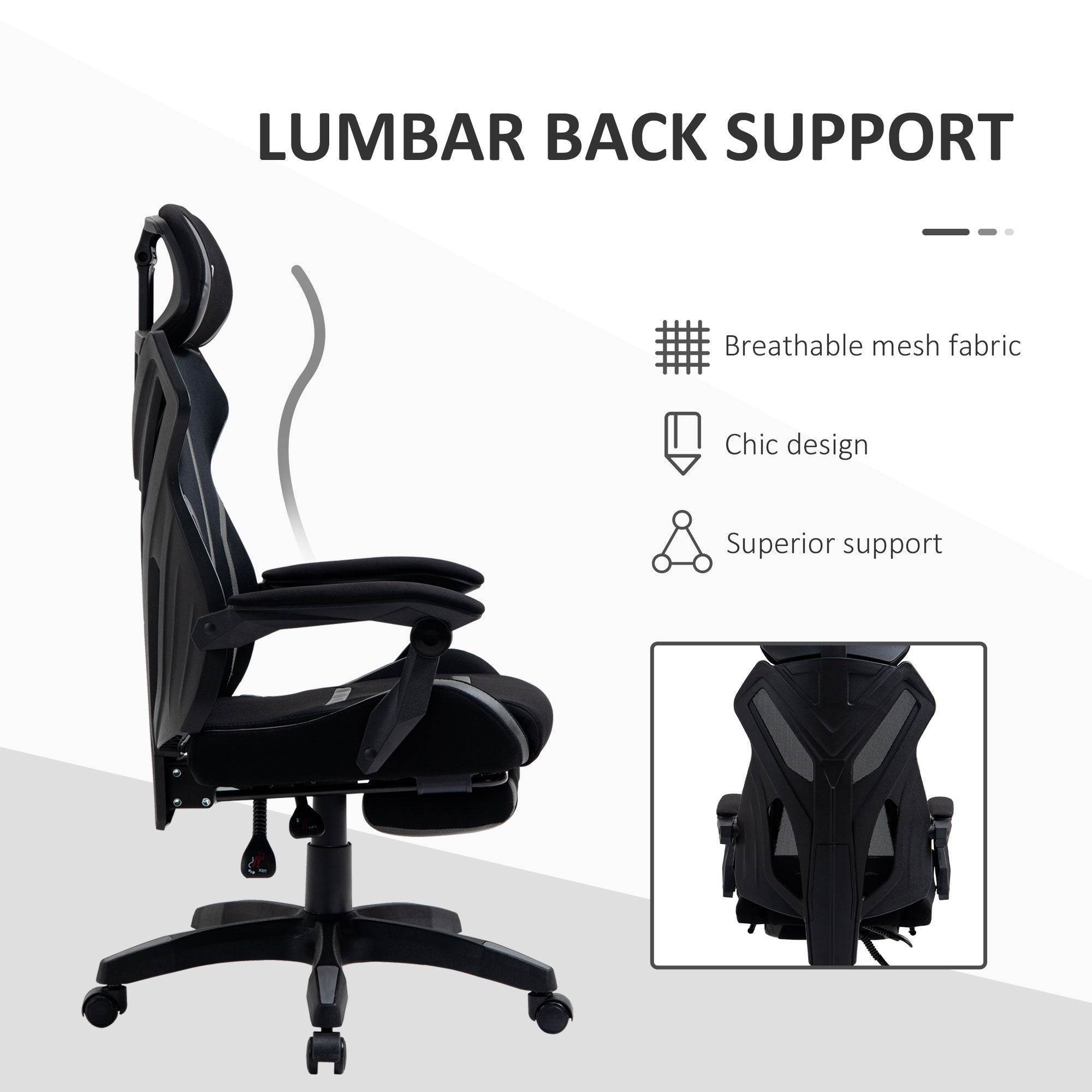 Vinsetto Mesh Office Chair Desk Task Computer Recliner with Footrest, Lumbar Back Support, Swivel Wheels, Adjustable Height for Home, Black Grey - North Peak Garden Furniture