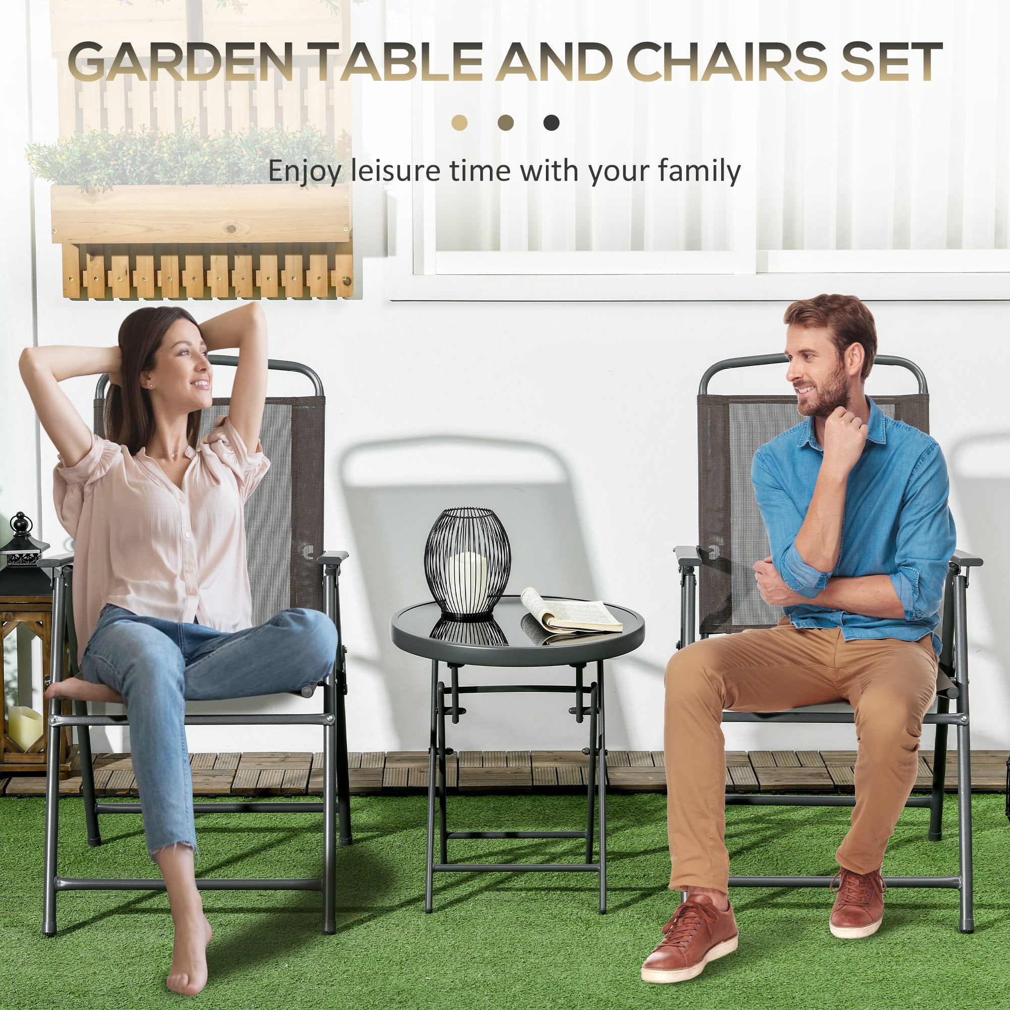 Outsunny Three-Piece Garden Seat Set, with Glass-Top Table - Brown - North Peak Garden Furniture