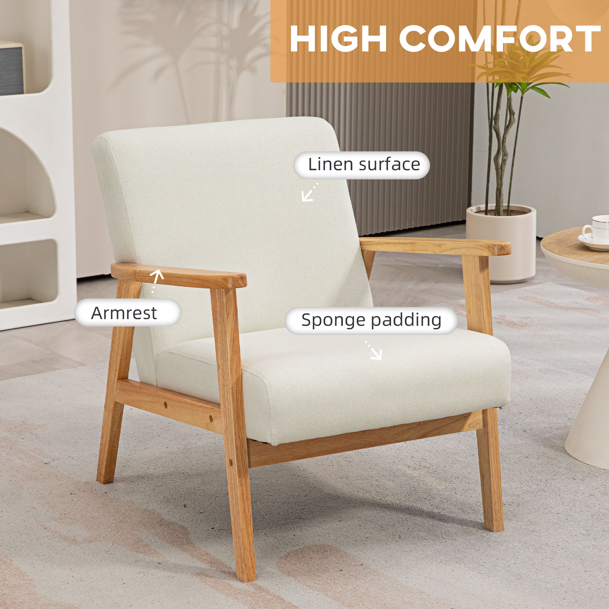 HOMCOM Fabric Accent Chair for Living Room, Arm Chair with Rubber Wood Frame and Padded Cushion, Cream White - North Peak Garden Furniture