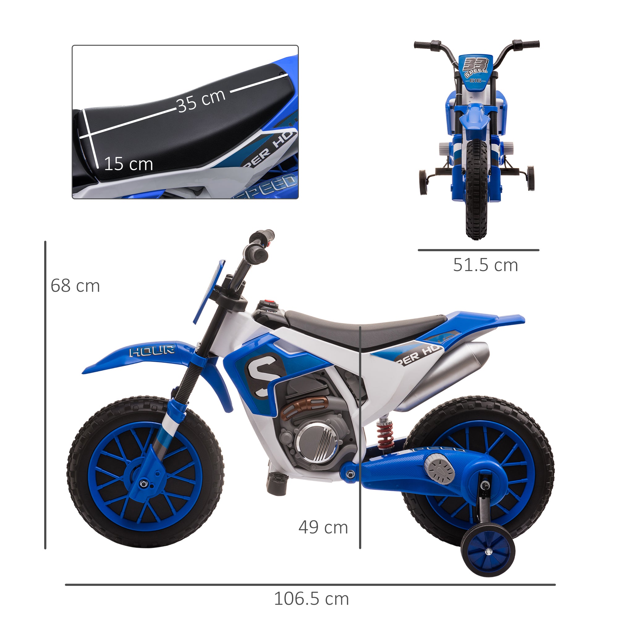 HOMCOM 12V Kids Electric Motorcycle Ride-On, with Training Wheels, for Ages 3-6 Years - Blue - North Peak Garden Furniture