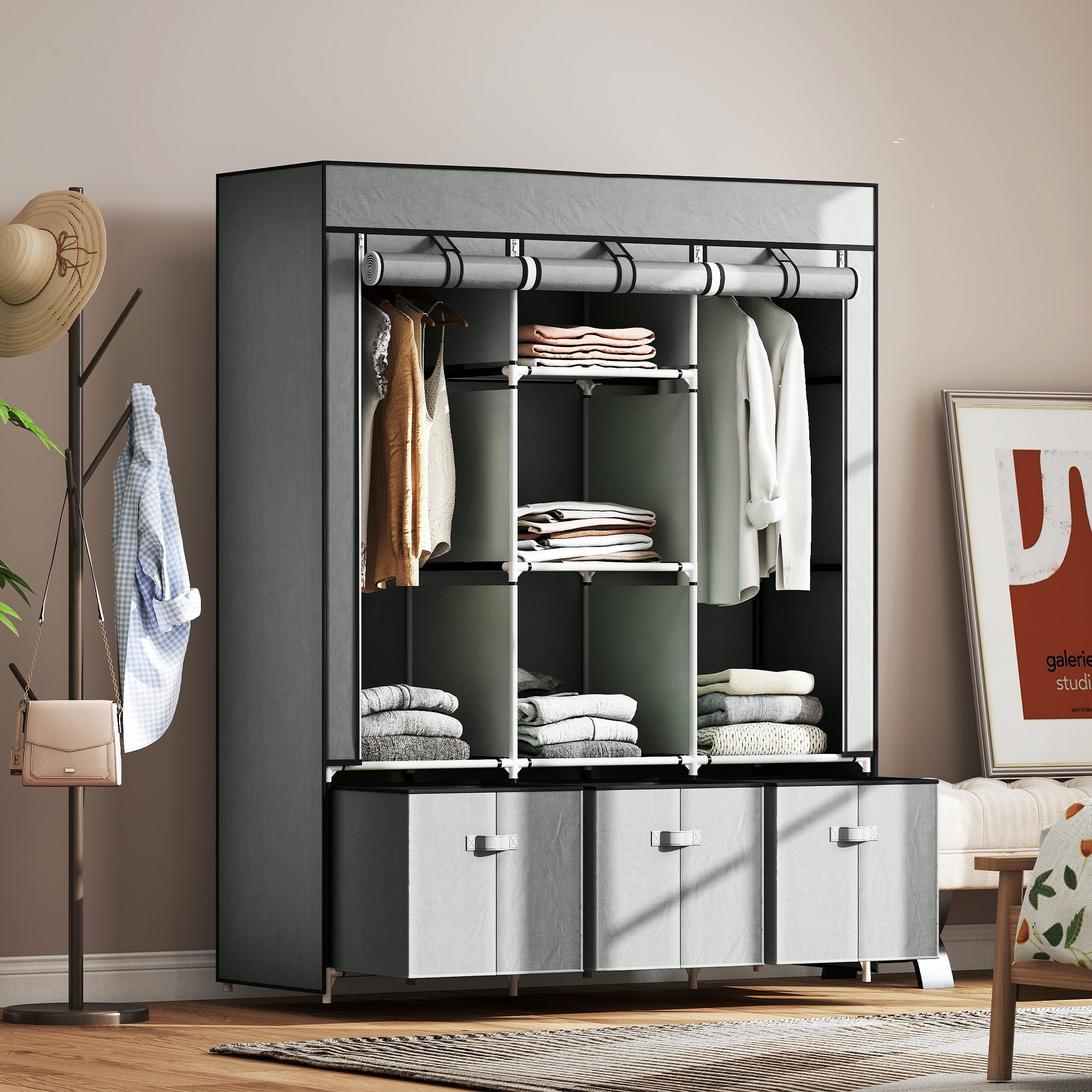 HOMCOM Fabric Wardrobe for Bedroom, Portable Wardrobe with 5 Shelves, 2 Hanging Rails and 3 Fabric Drawers, Foldable Closet, 125 x 43 x 162.5cm, Light Grey - North Peak Garden Furniture