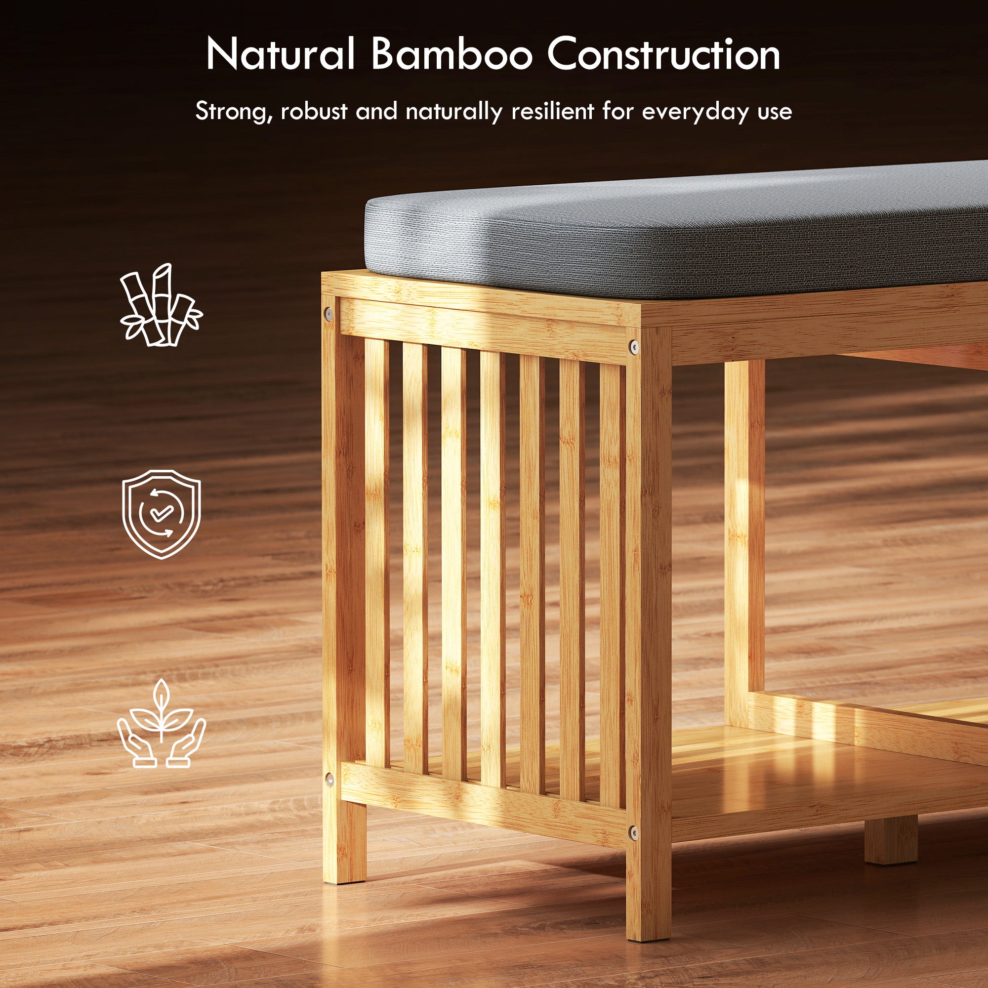 HOMCOM Bamboo Shoe Bench, Entryway Storage Bench with Padded Cushion and Open Shelf, Natural Wood Finish