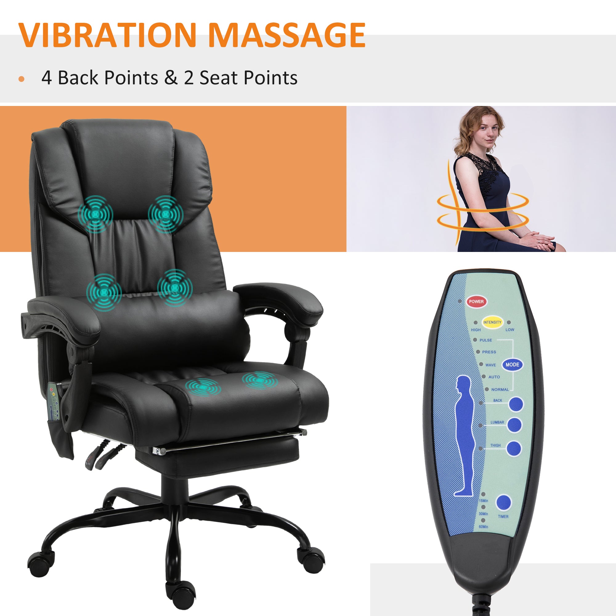 Vinsetto 6-Point Massage Office Chair, PU Leather Desk Chair with Adjustable Height and Footrest for Home Office, Black - North Peak Garden Furniture