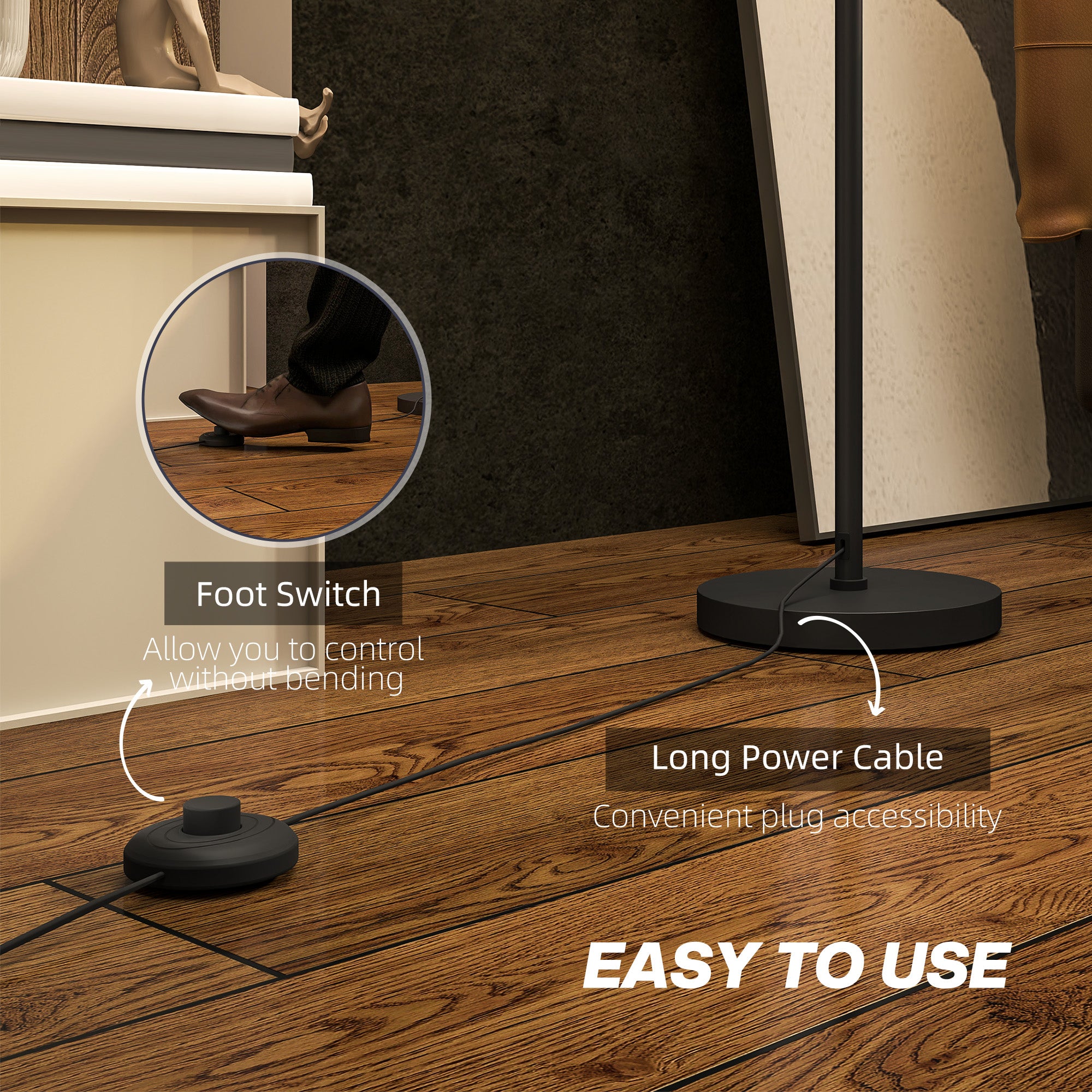 HOMCOM Floor Lamp for Living Room, Modern Standing Lamp with Double Layer Shade & Foot Switch, Minimalist Tall Pole Lampshade for Bedroom, Office, Black - North Peak Garden Furniture