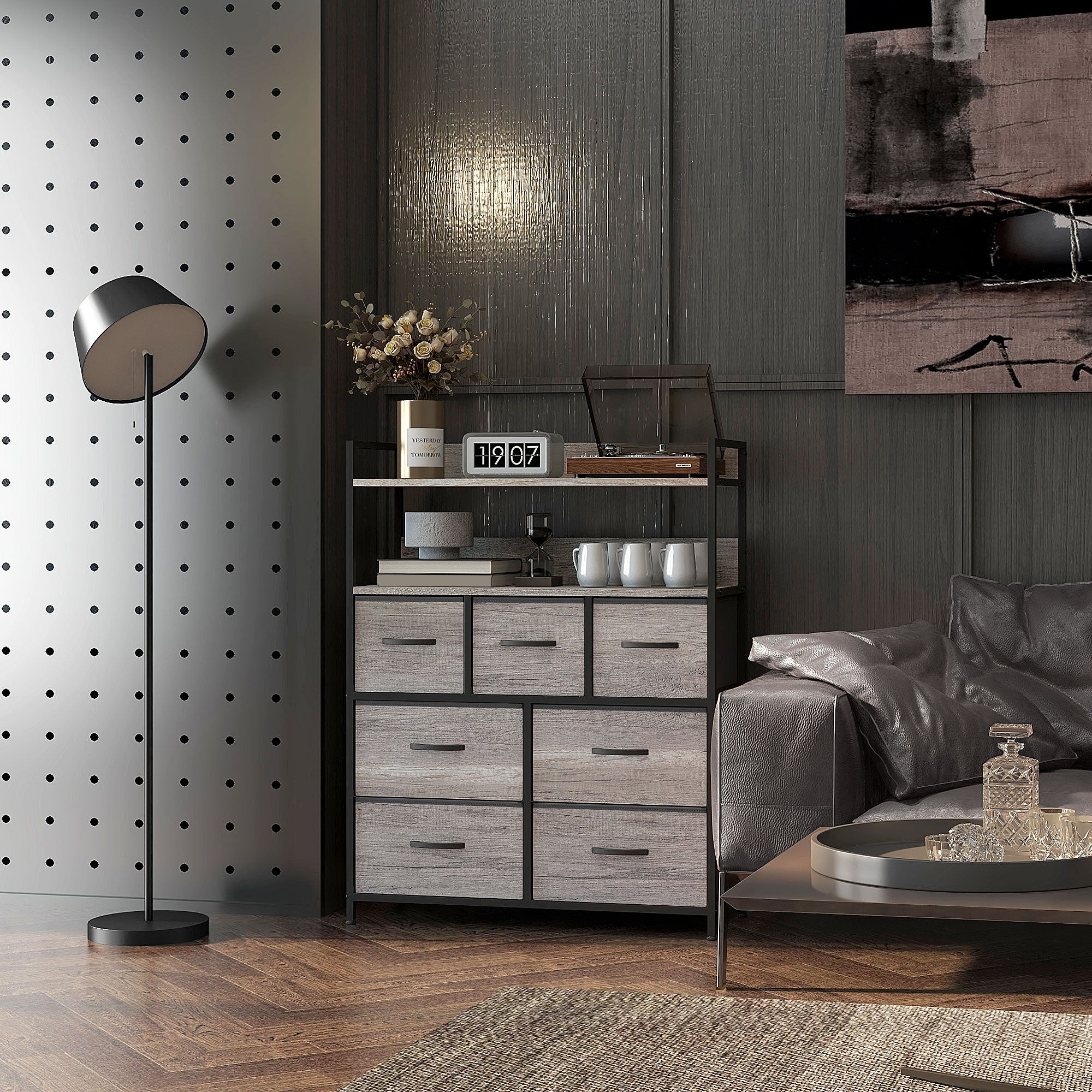 HOMCOM Rustic Chest of Seven Fabric Drawers - Grey Wood Effect - North Peak Garden Furniture
