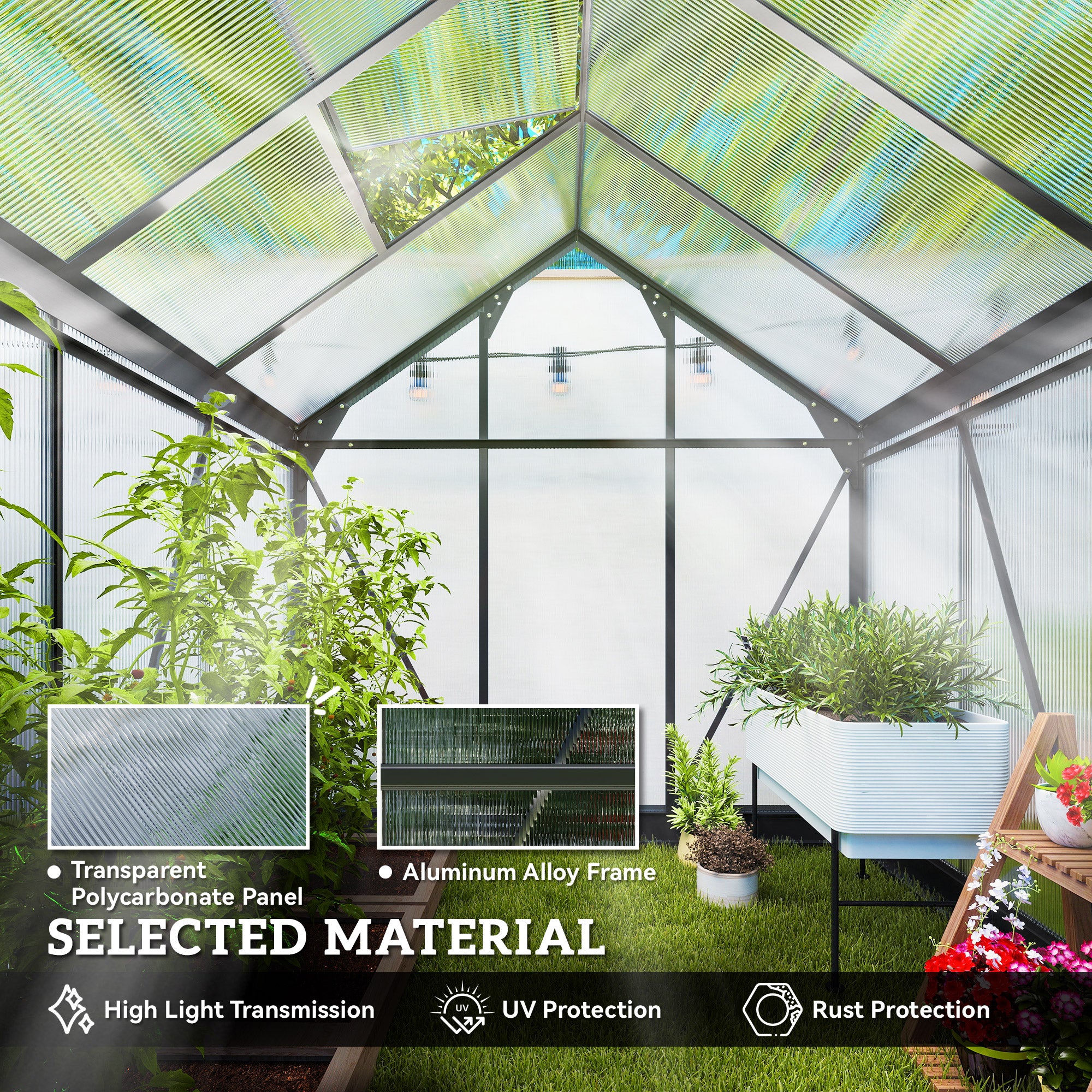 Outsunny 6 x 6ft Polycarbonate Greenhouse, Large Walk-In Green House with Slide Door and Window, Garden Plants Grow House with Aluminium Frame and Foundation, Grey