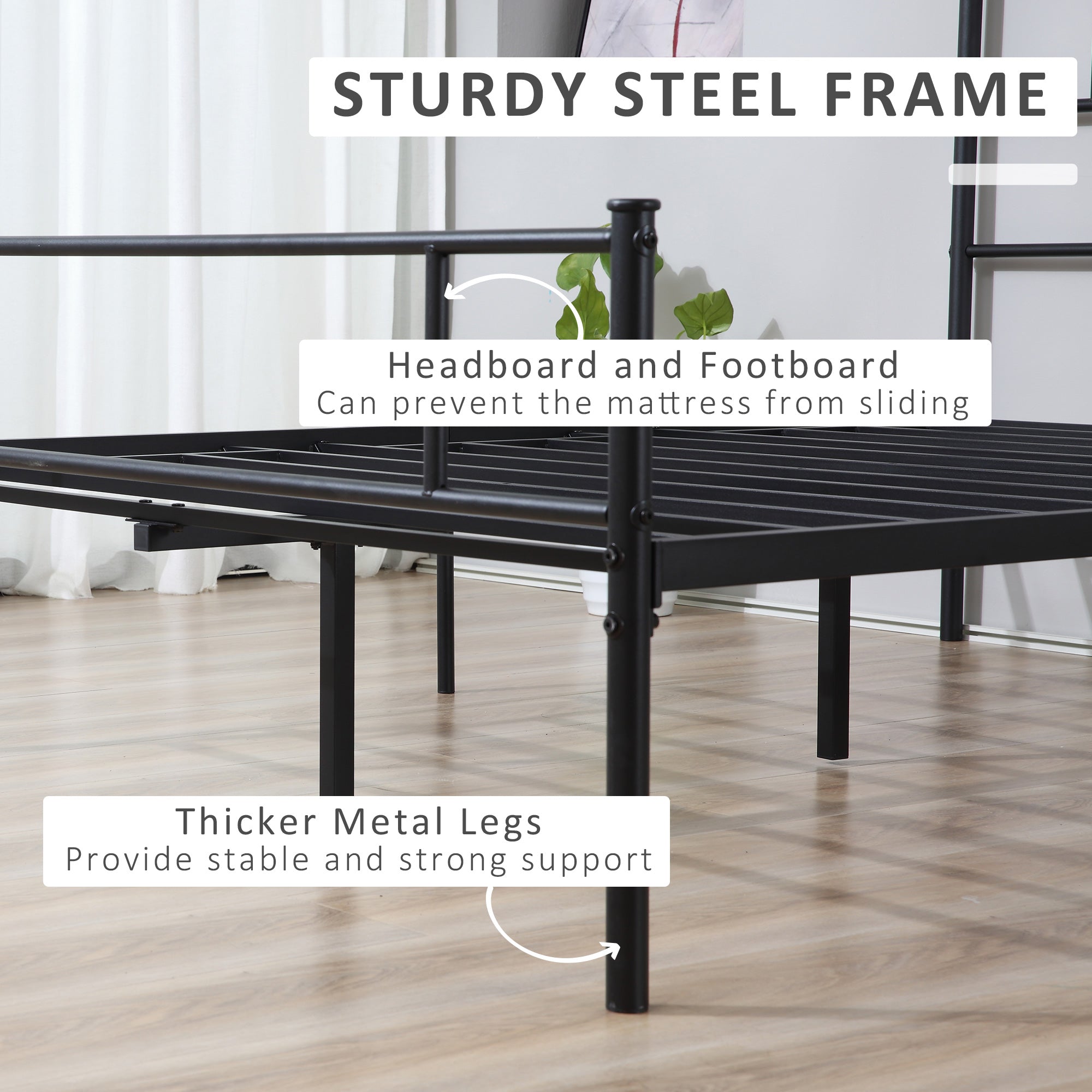 HOMCOM King Metal Bed Frame Solid Bedstead Base with Headboard and Footboard, Metal Slat Support and Underbed Storage Space, Bedroom Furniture, Black - North Peak Garden Furniture