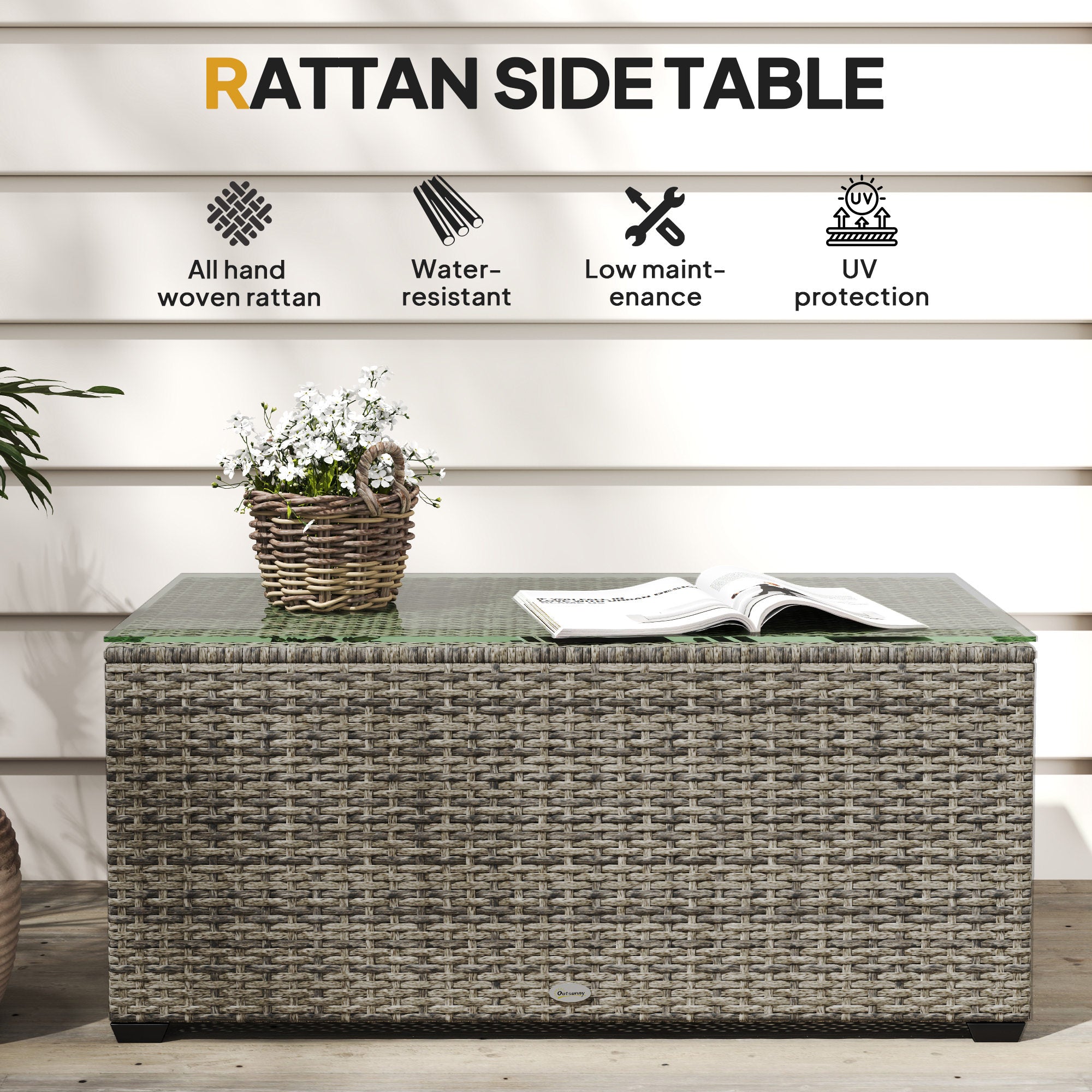 Outsunny 90 x 50cm Glass-Top Rattan Side Table - Dark Grey - North Peak Garden Furniture