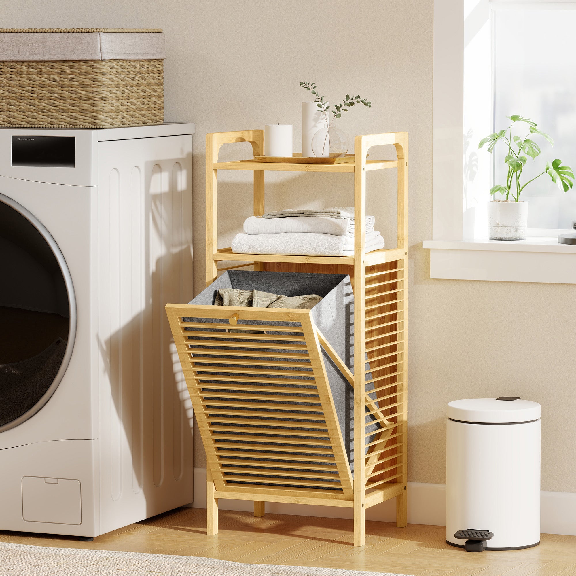 HOMCOM Bamboo Laundry Cabinet with Slatted Door, Bathroom Cabinet with Tilt-Out Hamper and Removable Liner Bag, 40 x 30D x 95 cm, Natural Wood Finish