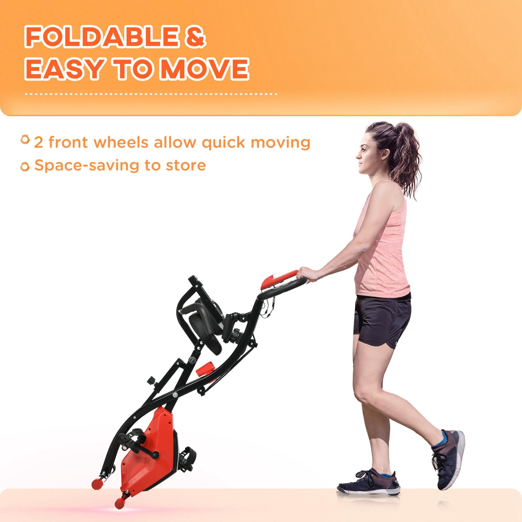 HOMCOM 2-in-1 Folding Exercise Bike with 8-Level Magnetic Resistance, Arm Resistance Band, Pulse Sensor, Red