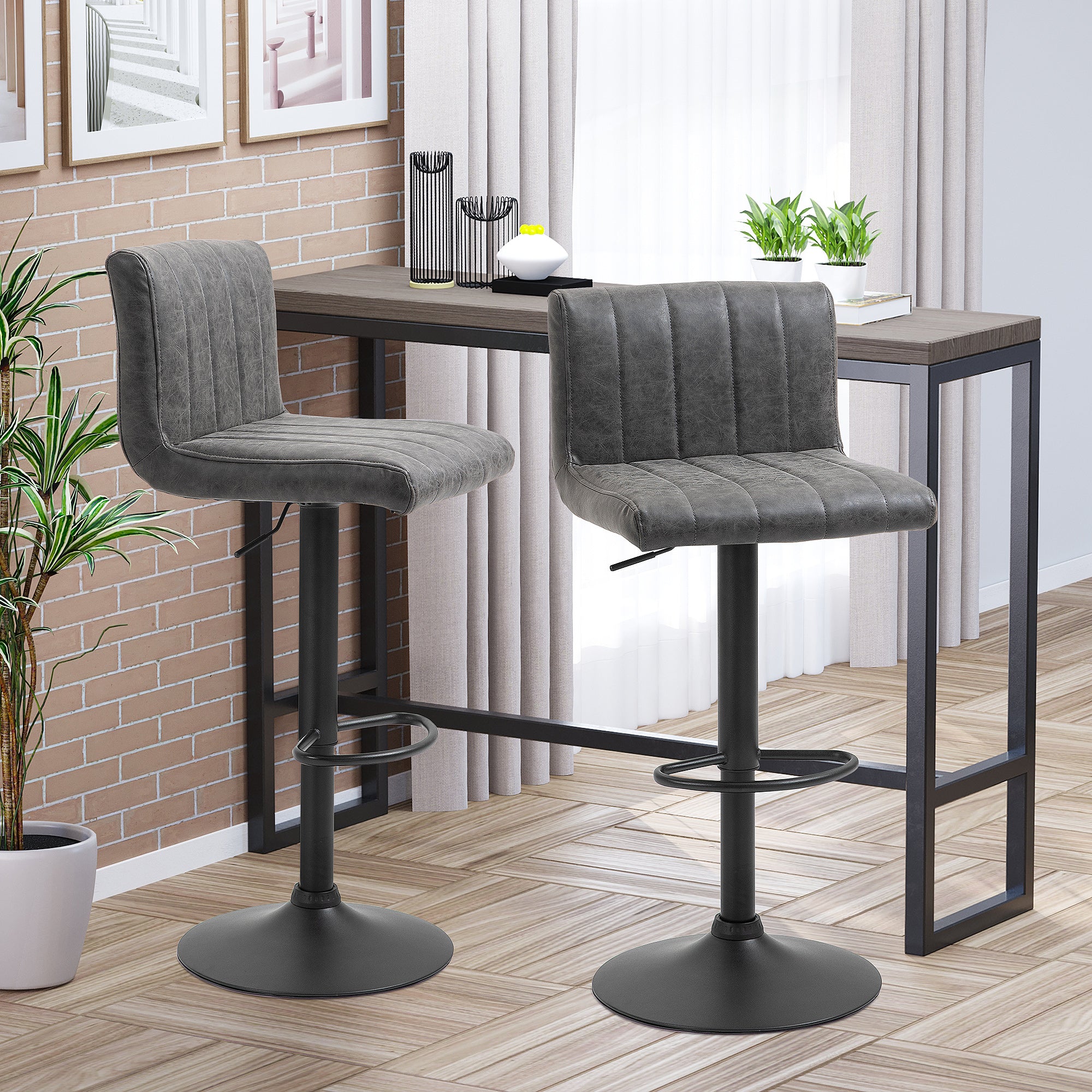 HOMCOM Adjustable Barstools Set of 2, Swivel Counter Bar Chairs, Bar Stools with Footrest, PU Leather, Gas Lift, Grey - North Peak Garden Furniture