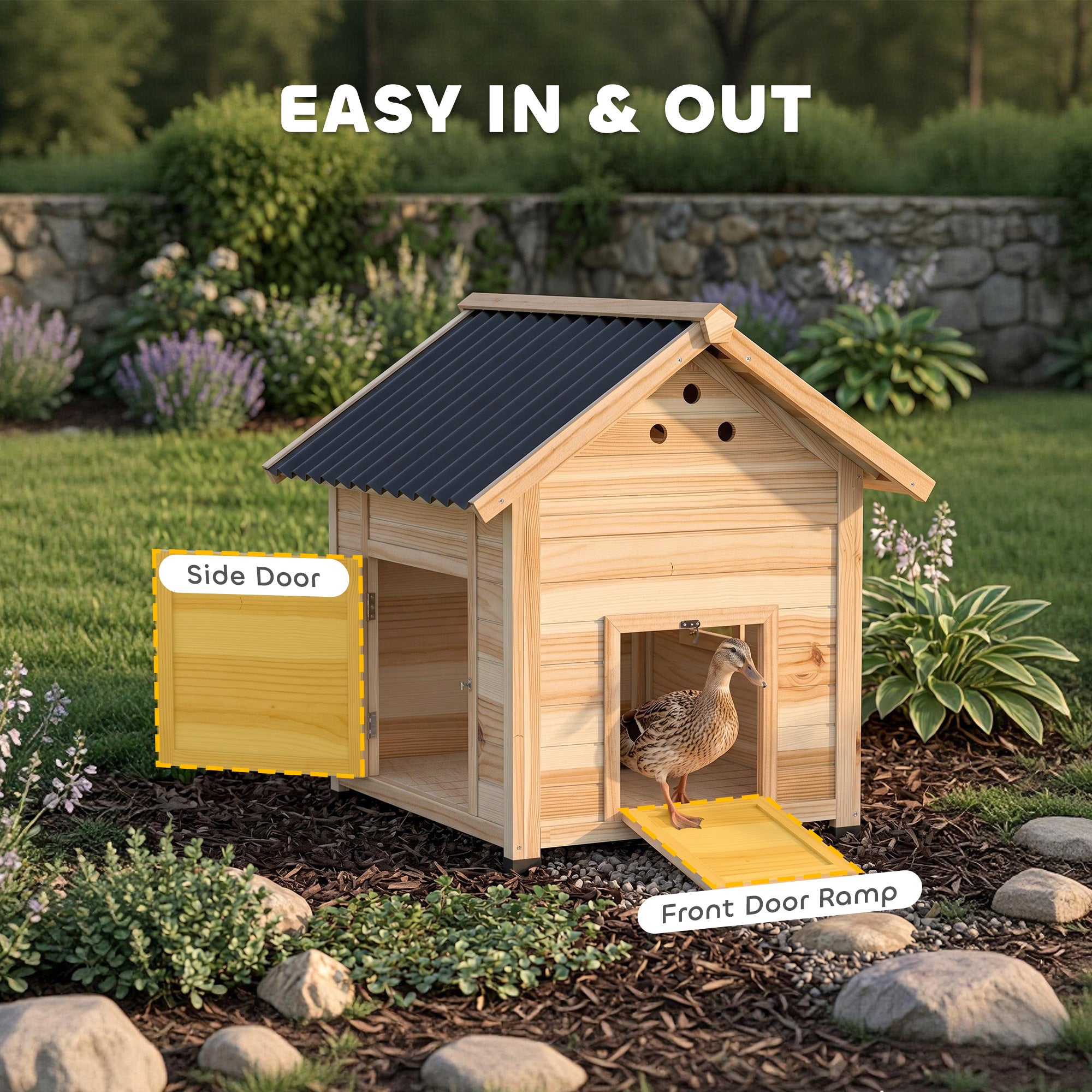 PawHut Wooden Duck House with Double Doors, Openable Roof, Ventilation Holes, Removable Base, Natural Wood Finish