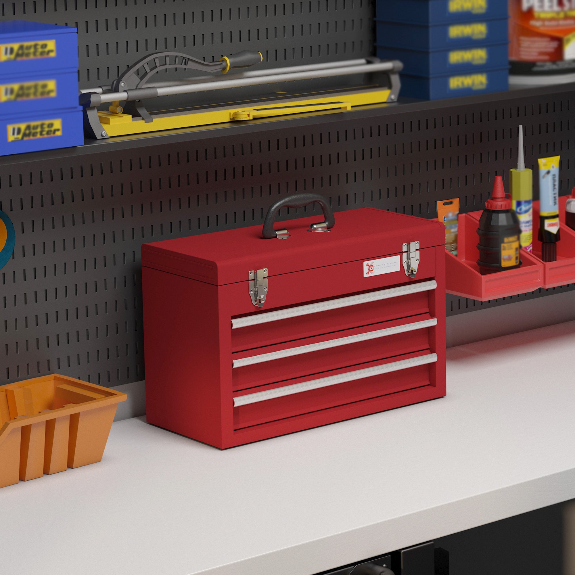 DURHAND Lockable Metal Tool Box, 3 Drawer Tool Chest with Latches, Handle, Ball Bearing Runners, Red - North Peak Garden Furniture