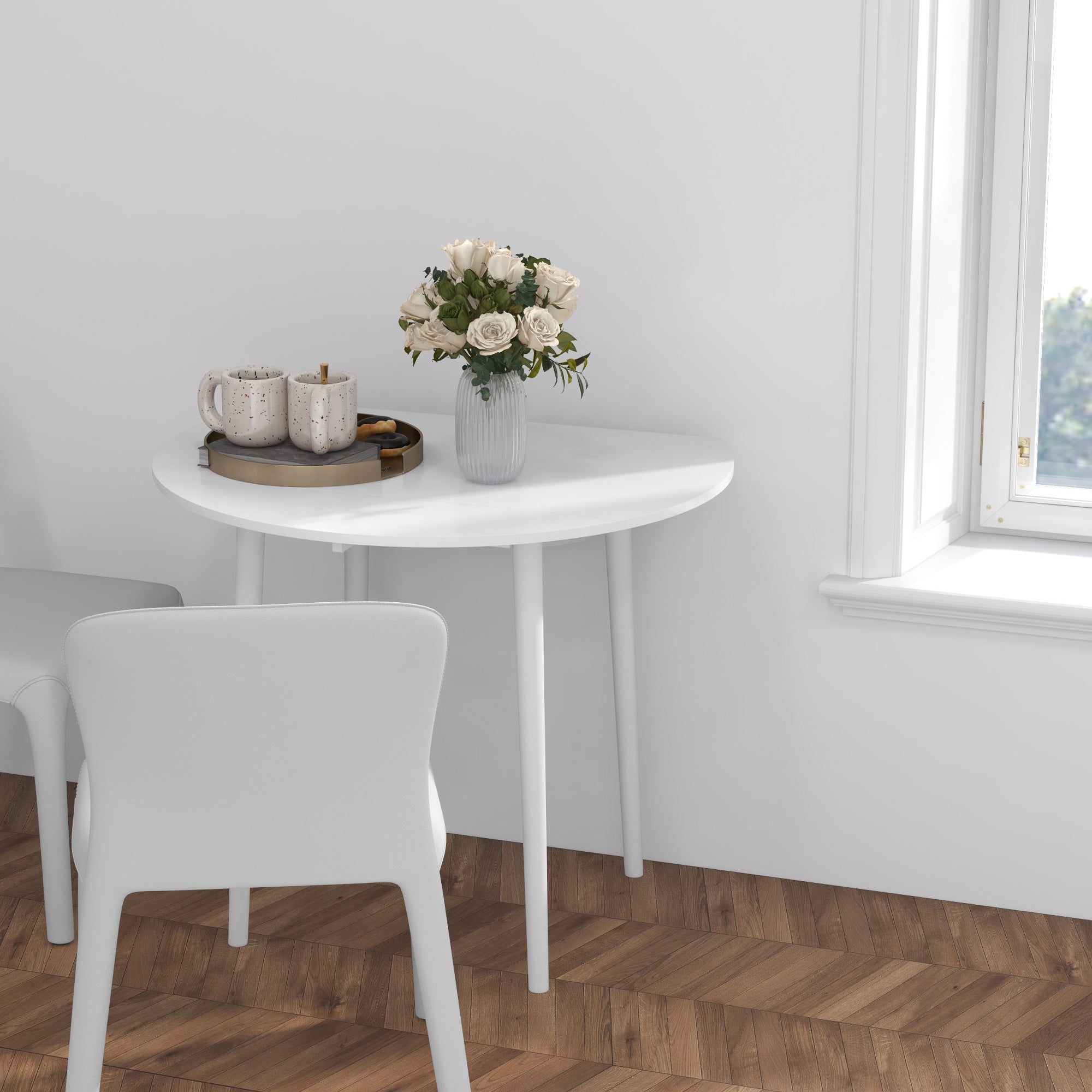 HOMCOM Folding Dining Table for 4, Round Drop Leaf Table, Modern Space Saving Small Kitchen Table with Wood Legs for Dining Room, White - North Peak Garden Furniture